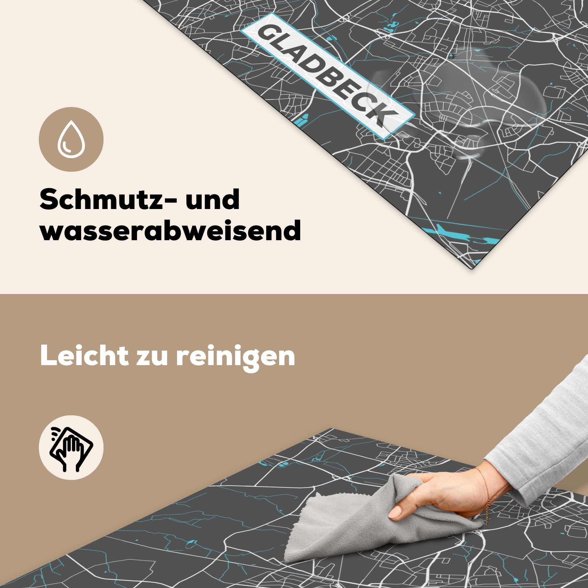 küche cm, Deutschland Herdblende-/Abdeckplatte Ceranfeldabdeckung, Karte - Stadtplan Vinyl, Arbeitsplatte Karte, für - Gladbeck - (1 tlg), - MuchoWow 78x78
