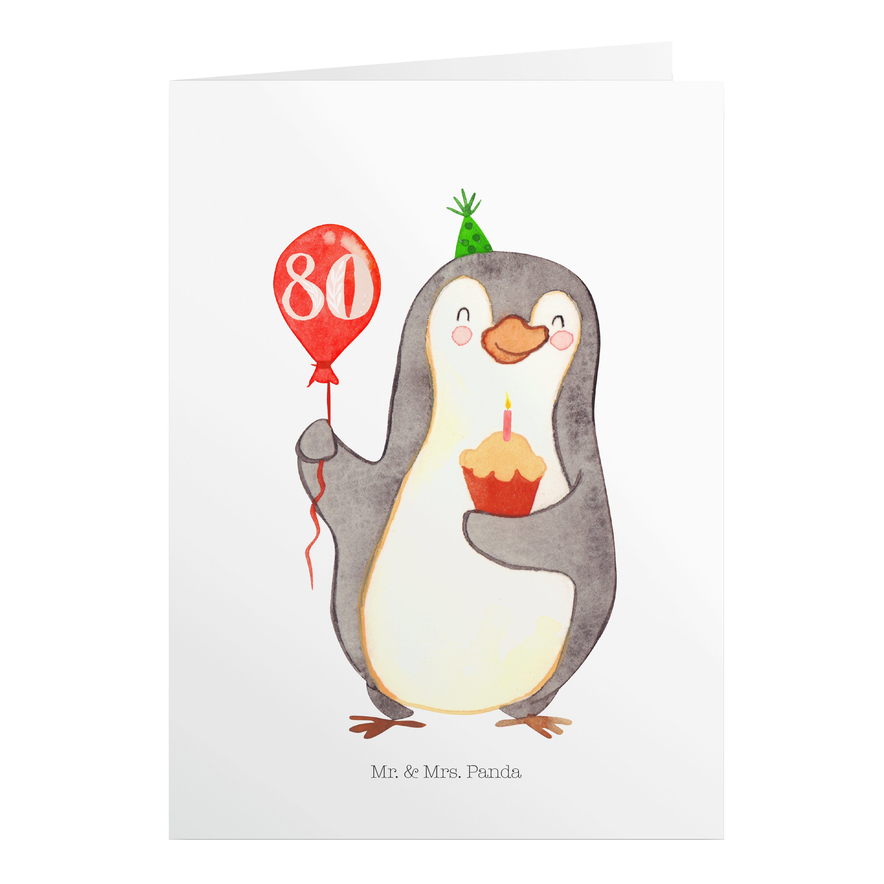Mr. & Mrs. Panda Geburtstagskarten 80. Geburtstag Pinguin Luftballon - Weiß - Geschenk, Herzlichen Glück
