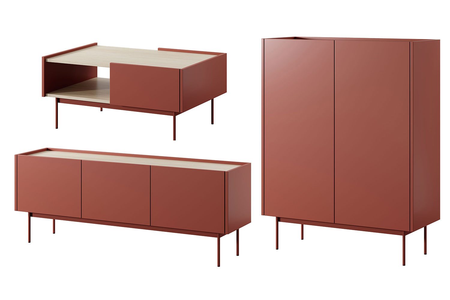 Feldmann-Wohnen Wohnwand Color, (Color, 3-St., Wohnzimmer-Set), 3-teilig, Keramikrot, Eiche Linea, grifflos