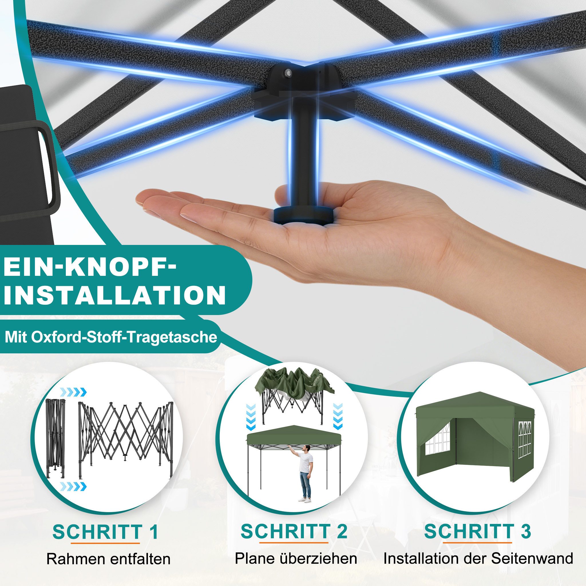 FIVMEN Partyzelt Pop Up Pavillon 2.5x2.5m Stabil Faltpavillon mit 4 Seitenwänden, Partyzelt Faltbar für Hochzeit Innenhof Höheverstellbar 240-260cm