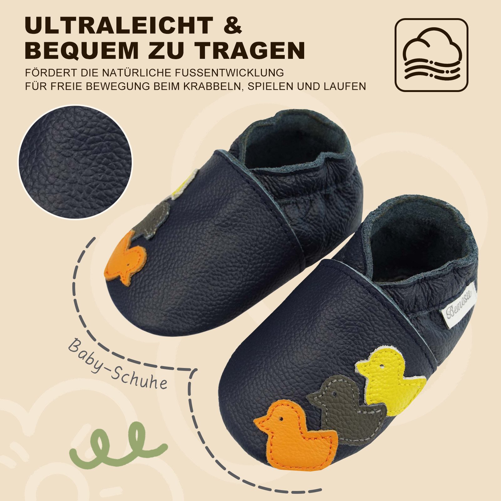 Bemesu Baby Schuhe Leder rutschhemmende Wildledersohle handgemacht Krabbelschuh