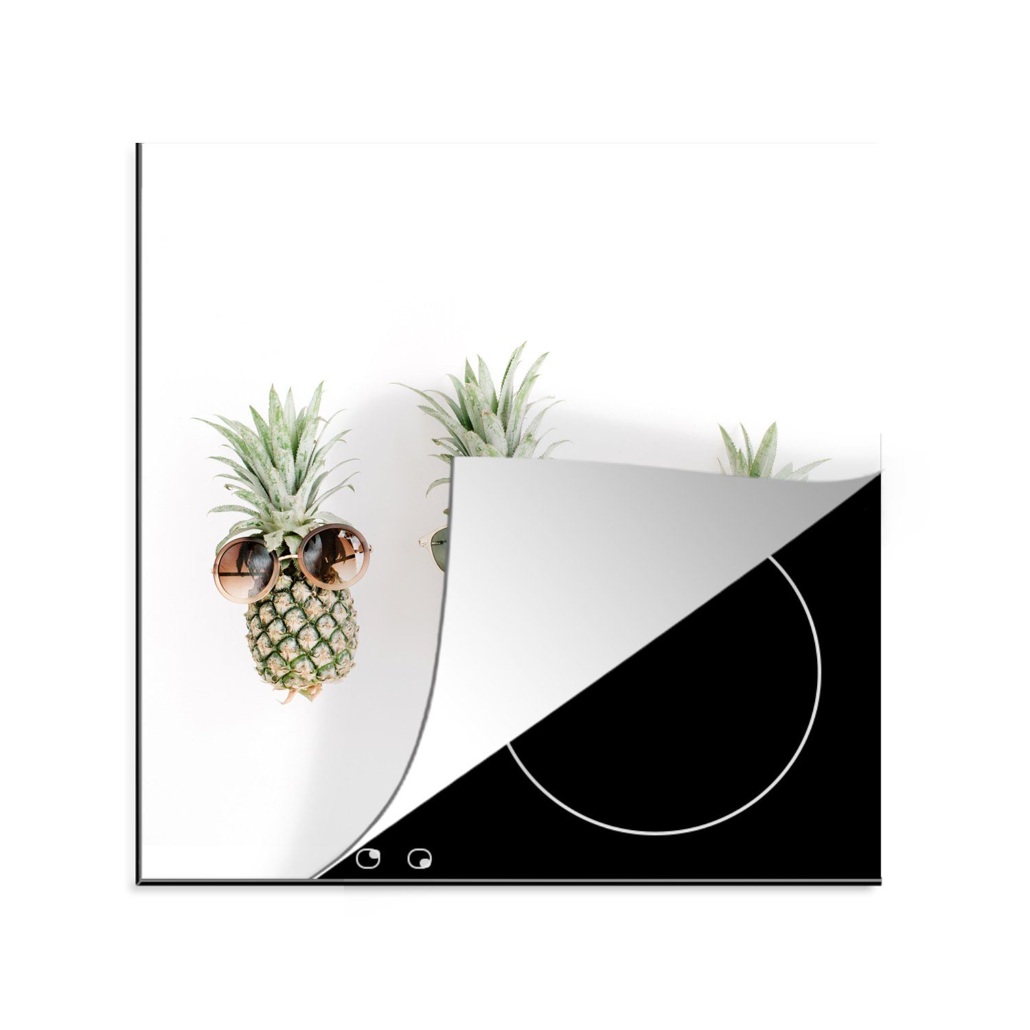 MuchoWow Herdblende-/Abdeckplatte Ananas - Sonnenbrille - Gelb, Vinyl, (1 tlg), 78x78 cm, Ceranfeldabdeckung, Arbeitsplatte für küche
