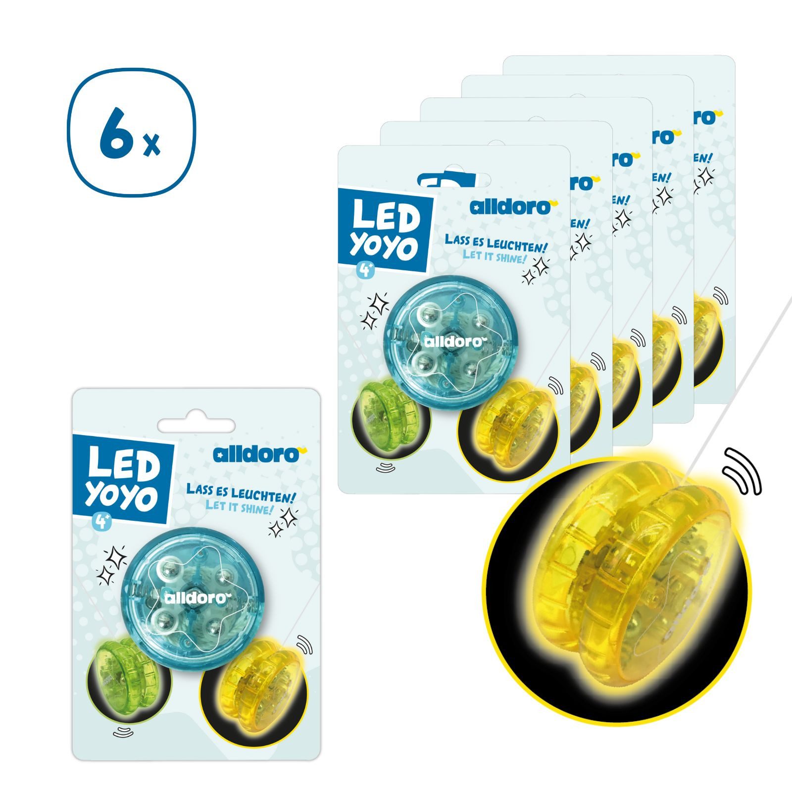 alldoro Fidget-Gadget LED Jojo, 6er Set, Yoyo mit Leuchteffekt, Geschicklichkeitsspielzeug, Ideal als Gastgeschenk oder Mitgebsel für Kindergeburtstag & Hochzeit