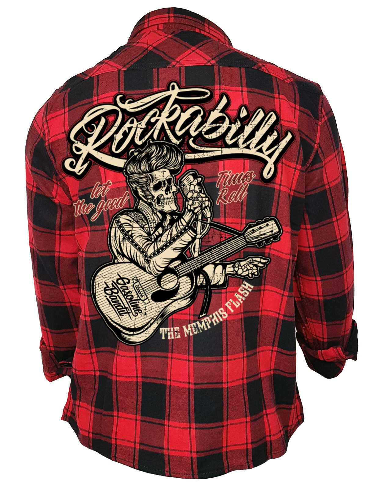 GASOLINE BANDIT® Flanellhemd Herren Worker Hemd schwarz-rot kariert: Rockabilly Memphis Flash