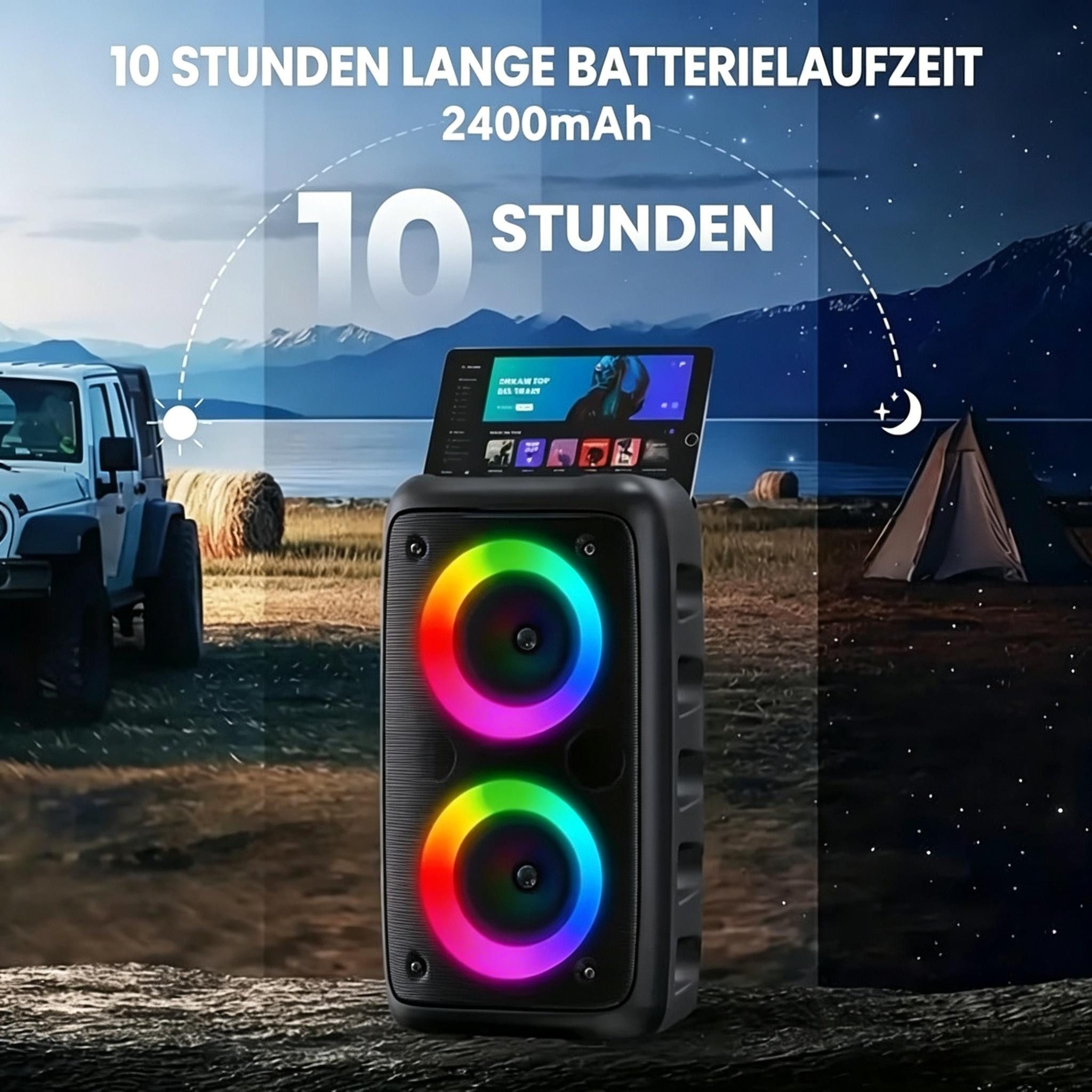 AIBISTAR RGB Bluetooth Lautsprecher Party-Lautsprecher 2400mAh, Mikrofon, Bass Bluetooth-Lautsprecher 2-Kanal-System (Bluetooth / AUX / USB / SD-Karte, 40 W, 24 – Bild 5 von 5