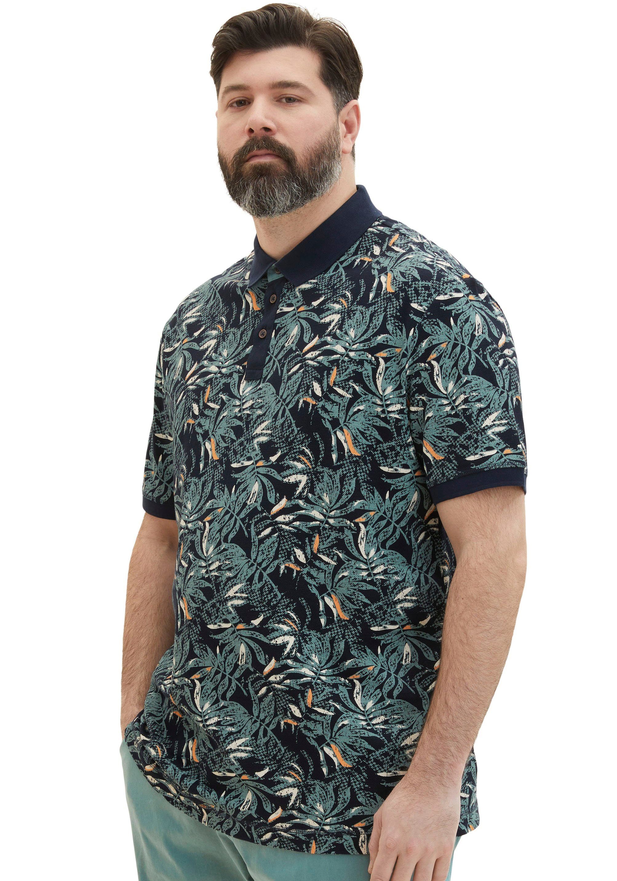 TOM TAILOR PLUS Poloshirt mit floralem Print navy green big leaf design