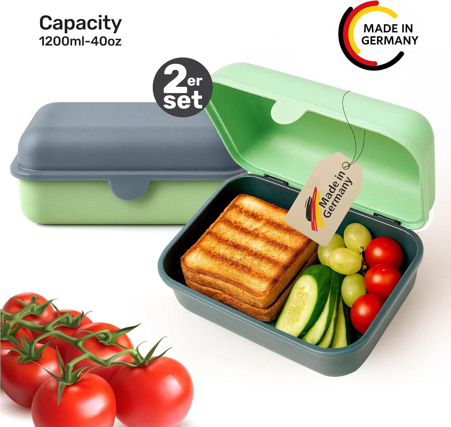 limenda Lunchbox 2er Brotdose Lunchbox Frühstücksbox Snackbox Kinder Erwachsene 1200 ml, (2er-Set, 2 Brotdosen mit austauschbaren Deckeln), BPA-frei, spülmaschinenfest, mikrowellengeeignet, Made in Germany