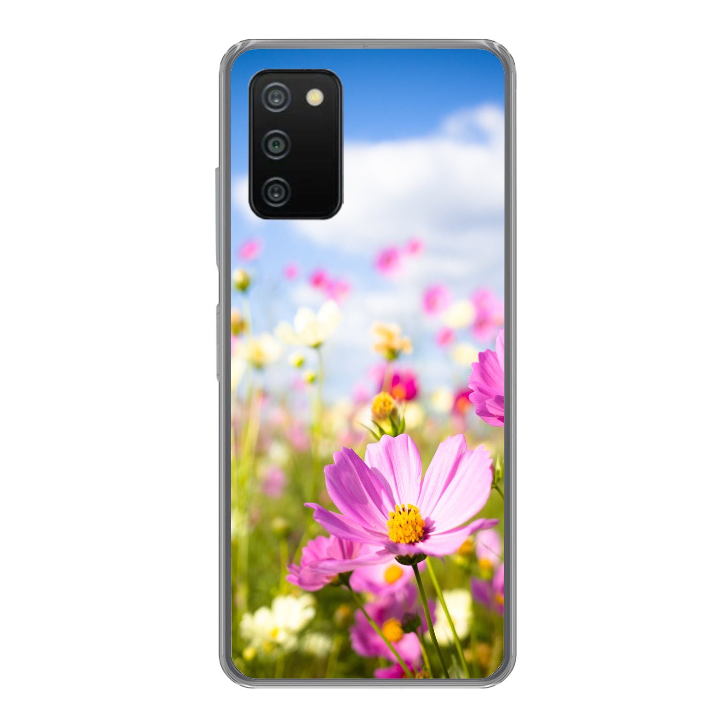 MuchoWow Handyhülle für Samsung Galaxy A03s Blumen - Wiese - Lila - Gras - Weiß - Wolken -, Smartphone-Bumper, Print, Handy Schutzhülle Dünn