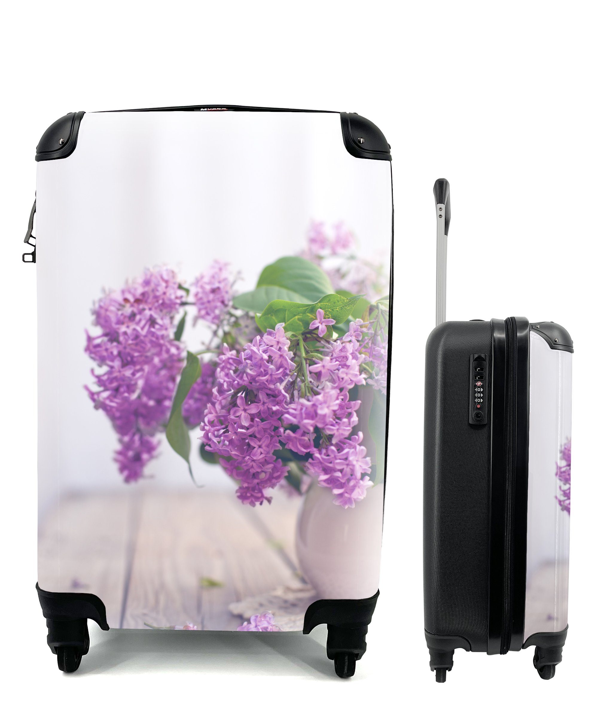 MuchoWow Handgepäckkoffer Vase mit einem lila Flieder auf dem Tisch, 4 Rollen, Reisetasche mit rollen, Handgepäck für Ferien, Trolley, Reisekoffer