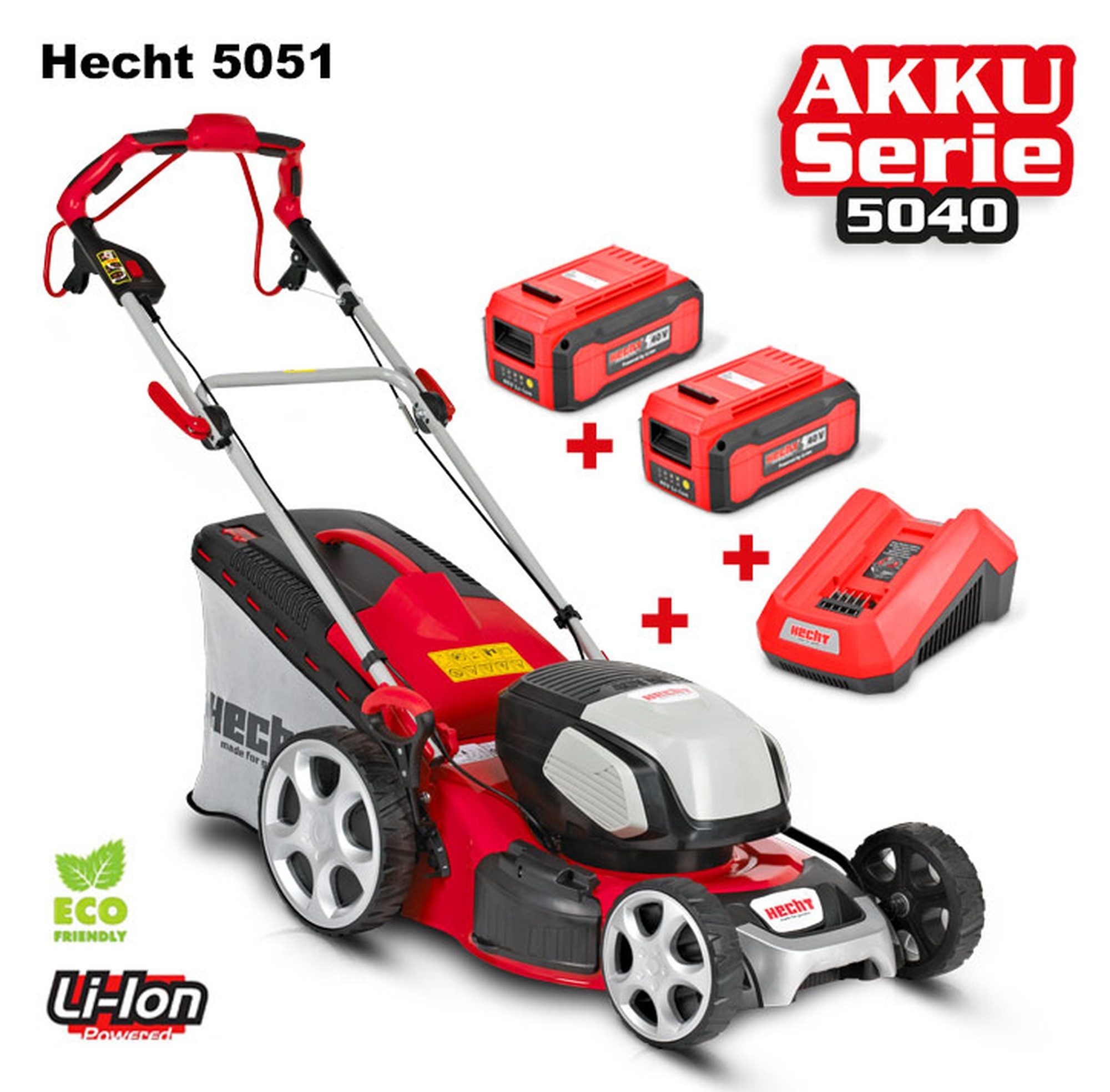 Hecht Akkurasenmäher 5051 mit Mulchkit Akku Ladegerät, 51 cm Schnittbreite, 5in1, 2x40V, 60L Fangkorb, Stahlgehäuse