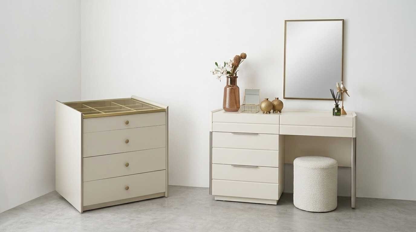 JVmoebel Schminktisch Schminktisch Garnitur Beige Modern Luxus Kommode Spiegel Hocker