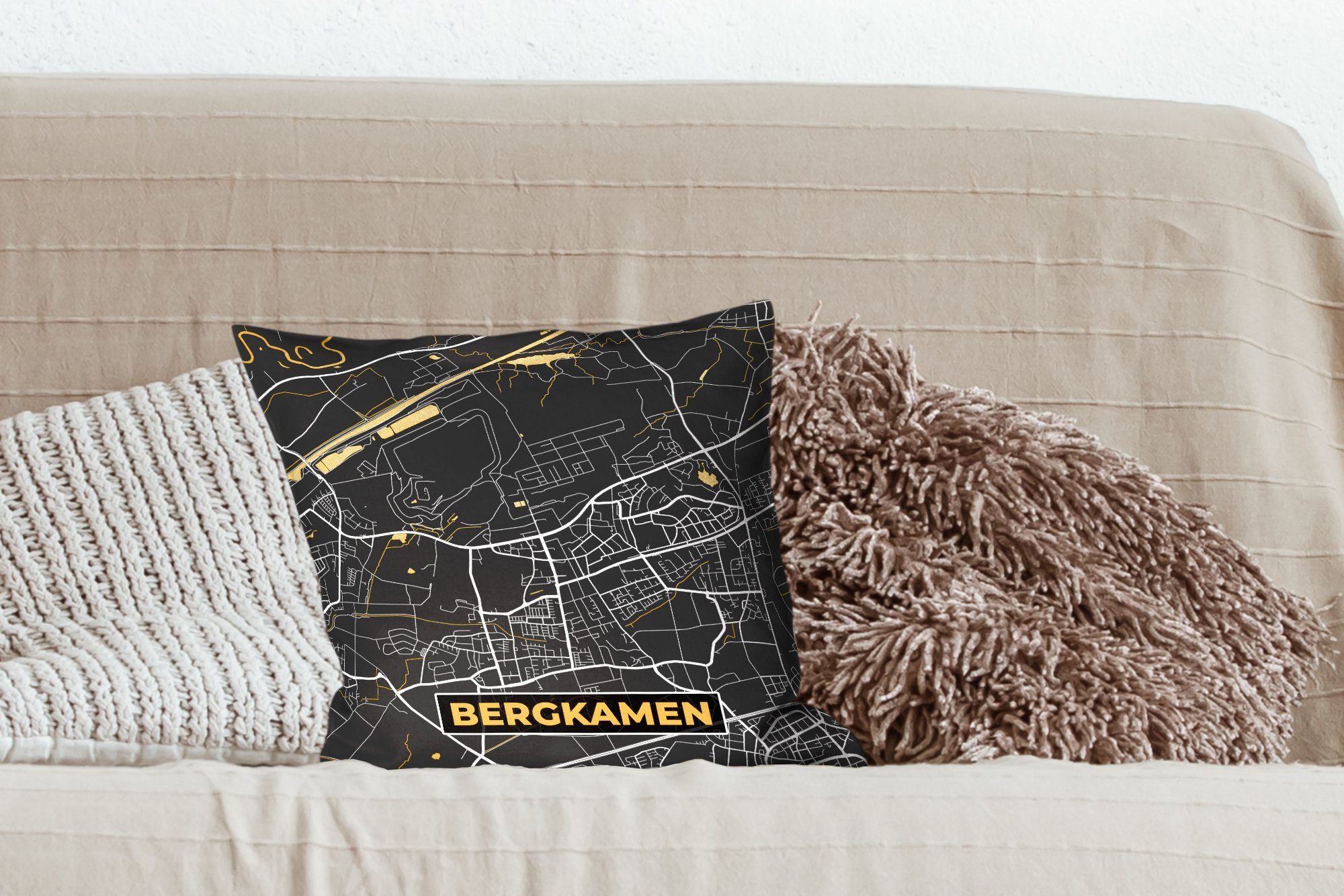 und Bergkamen Sofakissen Deko, mit Wohzimmer, - Zierkissen - Gold Schlafzimmer, Karte, Füllung MuchoWow für Deutschland Schwarz Stadtplan - - Dekokissen