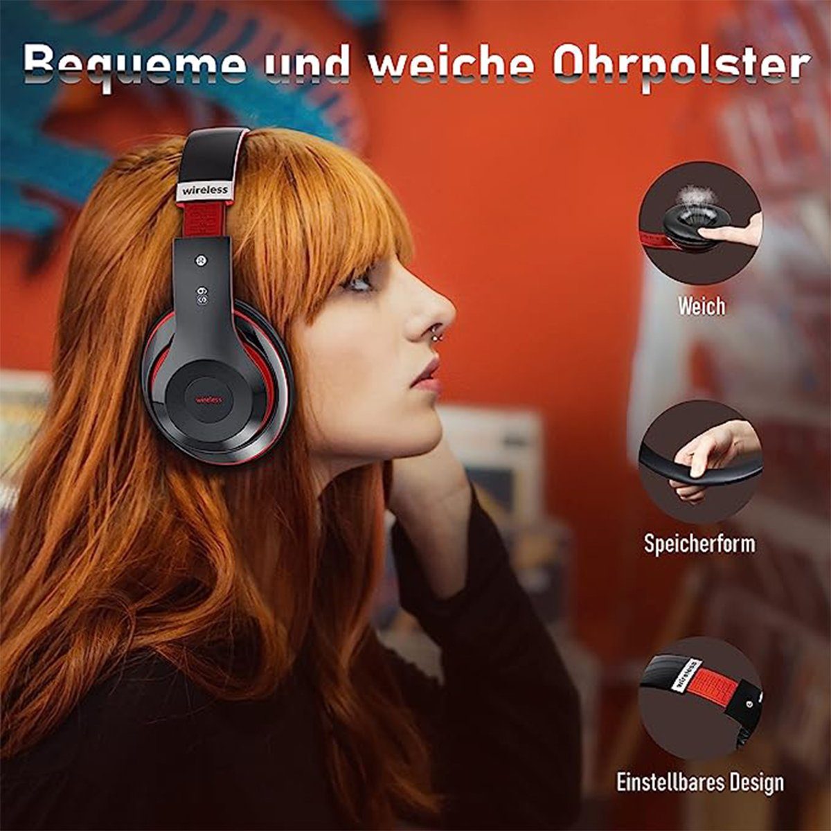 EQ 6 Spielzeit (mit Eingebautem Over-Ear-Kopfhörer autolock Faltbare Kopfhörer) 40 Wireless HD-Mikrofon Over-Ear-Kopfhörer Bluetooth Std Headset Stereo Modi Rot