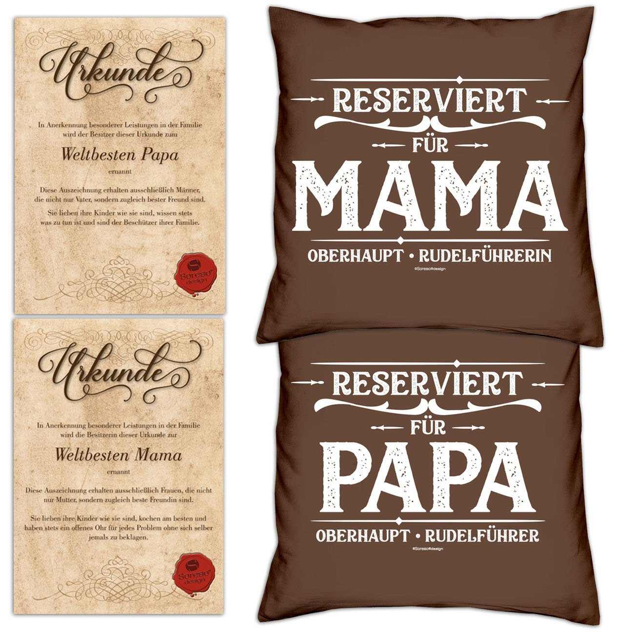 Soreso® Dekokissen Kissen-Set Reserviert für Papa Reserviert für Mama mit Urkunden, Geschenkset Geburtstag - Geschenkidee Hochzeitstag braun