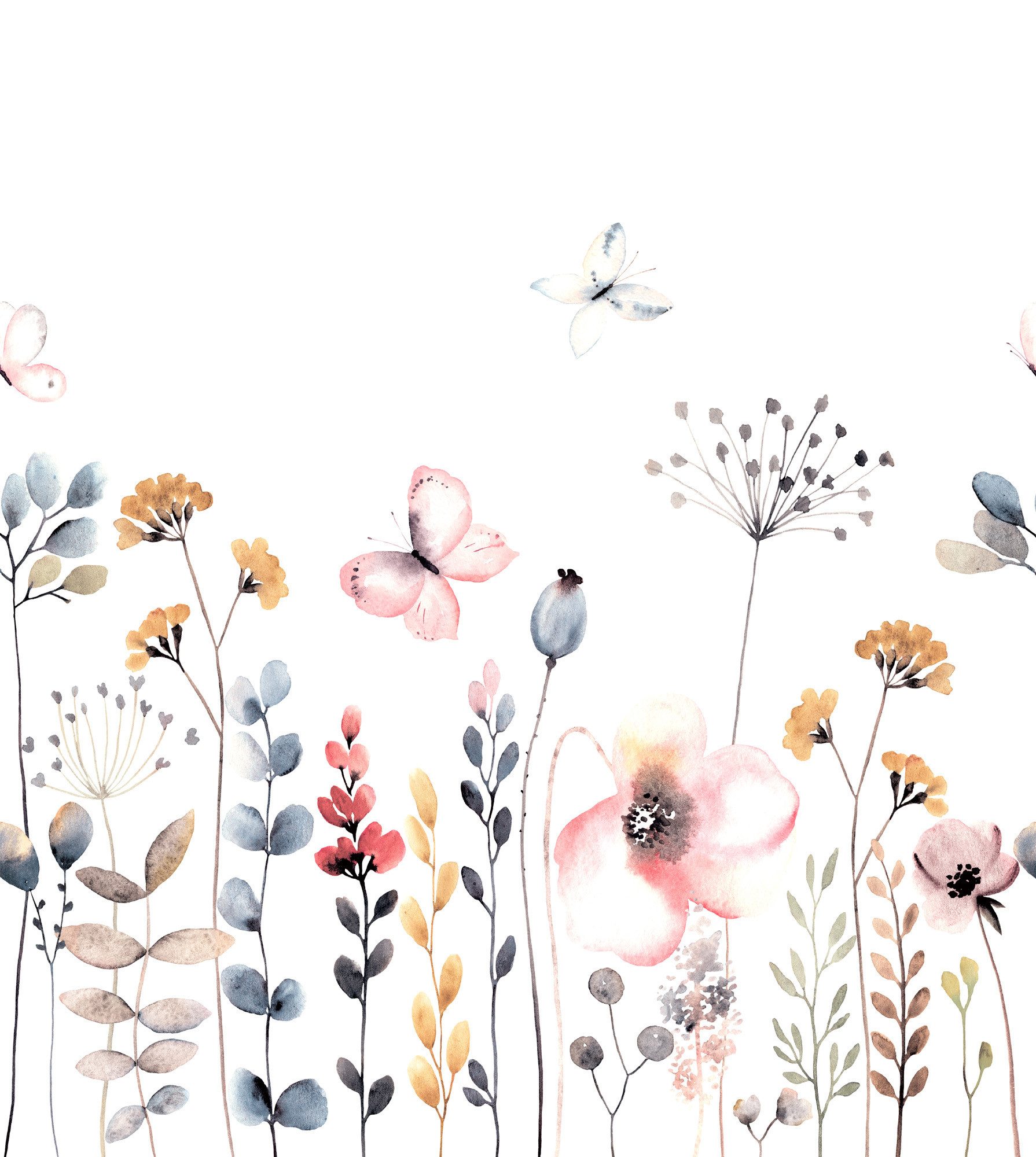 Rasch Fototapete Blumenwiese mit bunten Blumen in Blau, glatt, floral, geblümt, botanisch, (1 St), 280 cm x 250 cm