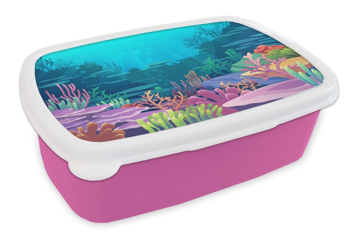 MuchoWow Lunchbox Meer - Korallen Kunststoff rosa Erwachsene, (2-tlg), für - Unterwasserwelt Brotdose Snackbox, Mädchen, Brotbox Illustration, - Kunststoff, Kinder