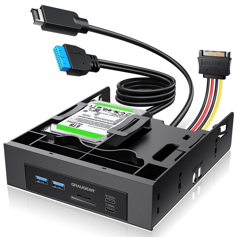 GRAUGEAR Einbaurahmen 5,25“ Frontpanel, USB-C HUB, Kartenleser, 2,5" SATA SSD Einbaurahmen