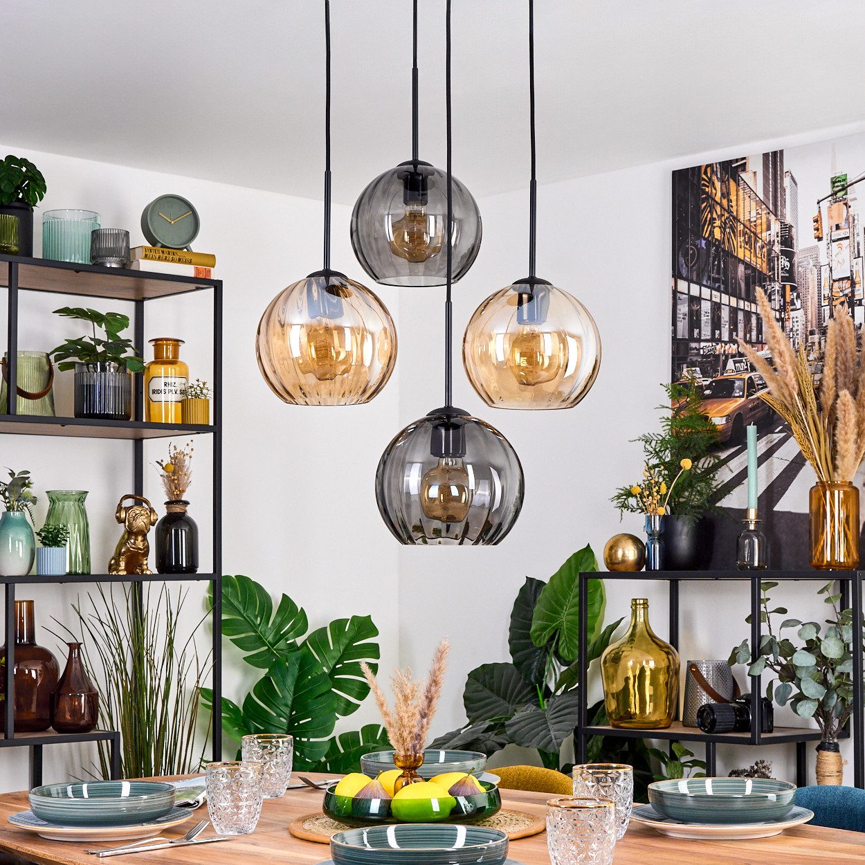 hofstein Hängeleuchte Hängelampe aus Metall/Riffelglas in Schwarz/Bernstein-/Rauchfarben, ohne Leuchtmittel, Pendelleuchte im Retro/Vintage-Design (Schirme Ø 20 cm), 4 x E27