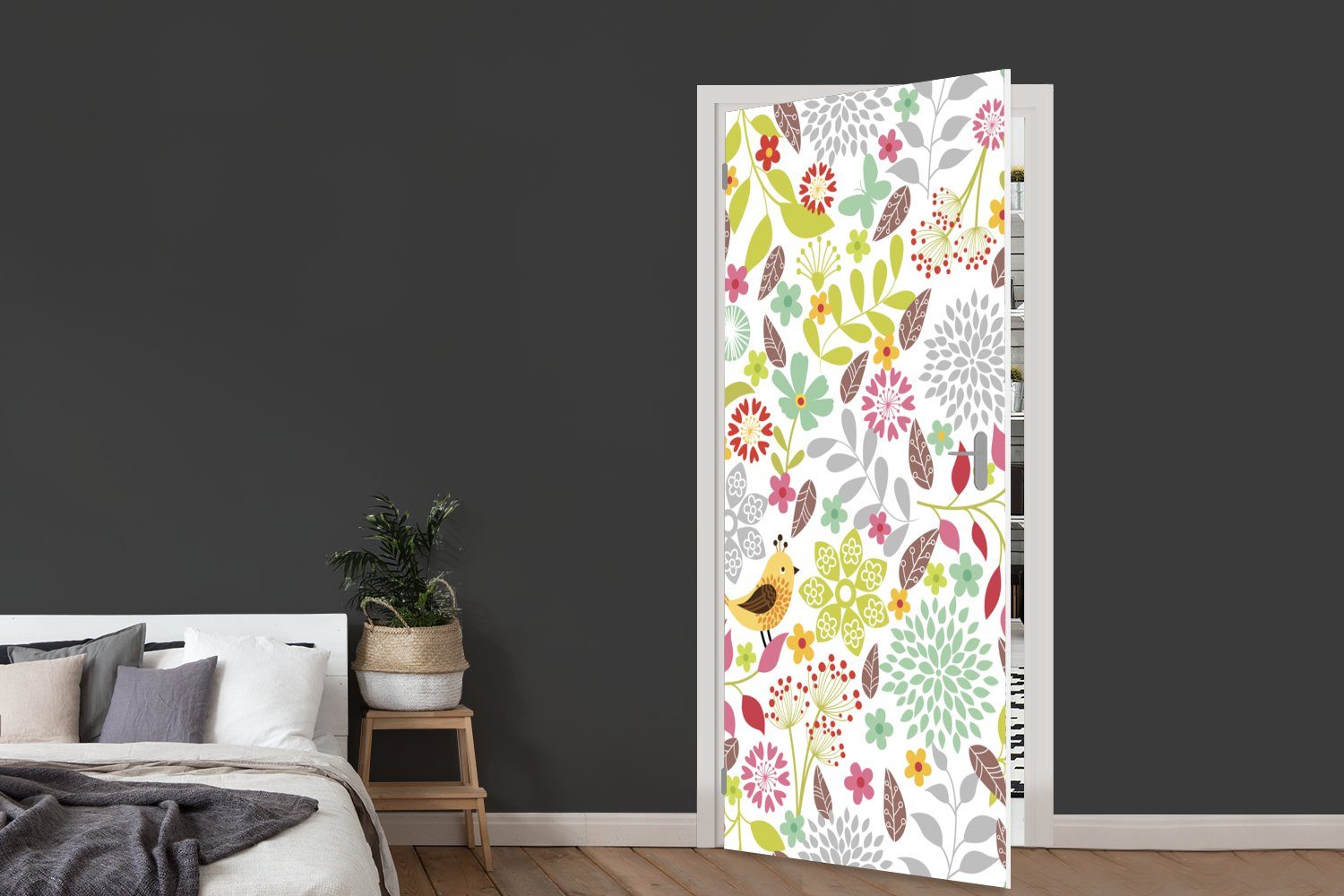 eines Tür, mit für St), cm bedruckt, Blumenmusters (1 Türtapete Illustration Matt, Fototapete MuchoWow Vögeln, 75x205 Türaufkleber,