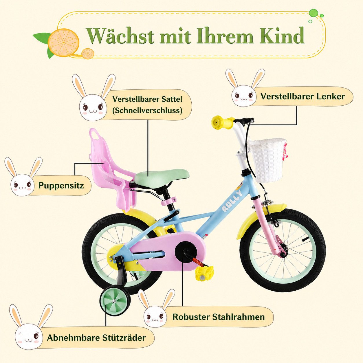 Vankel Kinderfahrrad 12–16 Zoll, mit Stützrädern, Korb und Puppensitz, 1 Gang, Rücktritt und Handbremse