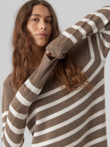 BIRCH LS Stripes:W. Moda VMPLAZA Strickkleid O-NECK DRESS Brown Lentil BOO GA CALF Vero