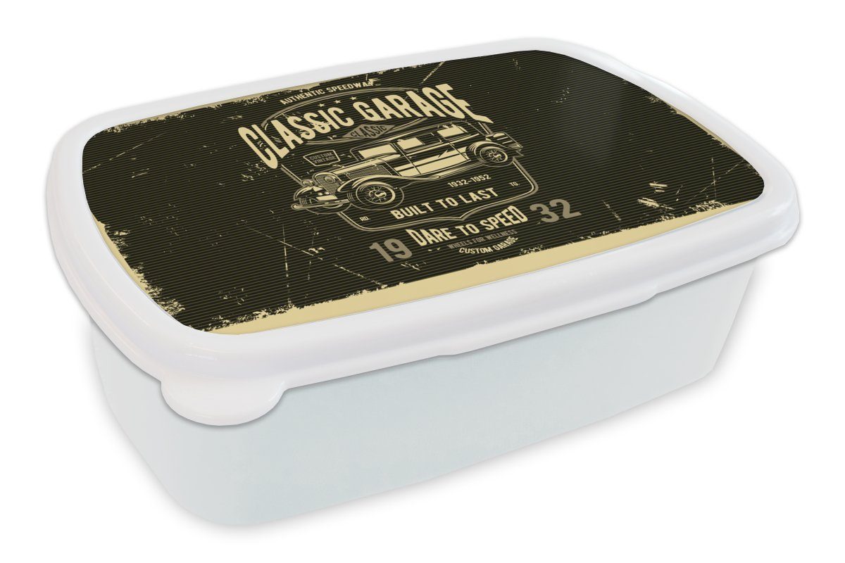 MuchoWow Lunchbox Mancave - Auto - Retro - Schwarz, Kunststoff, (2-tlg), Brotbox für Kinder und Erwachsene, Brotdose, für Jungs und Mädchen weiß