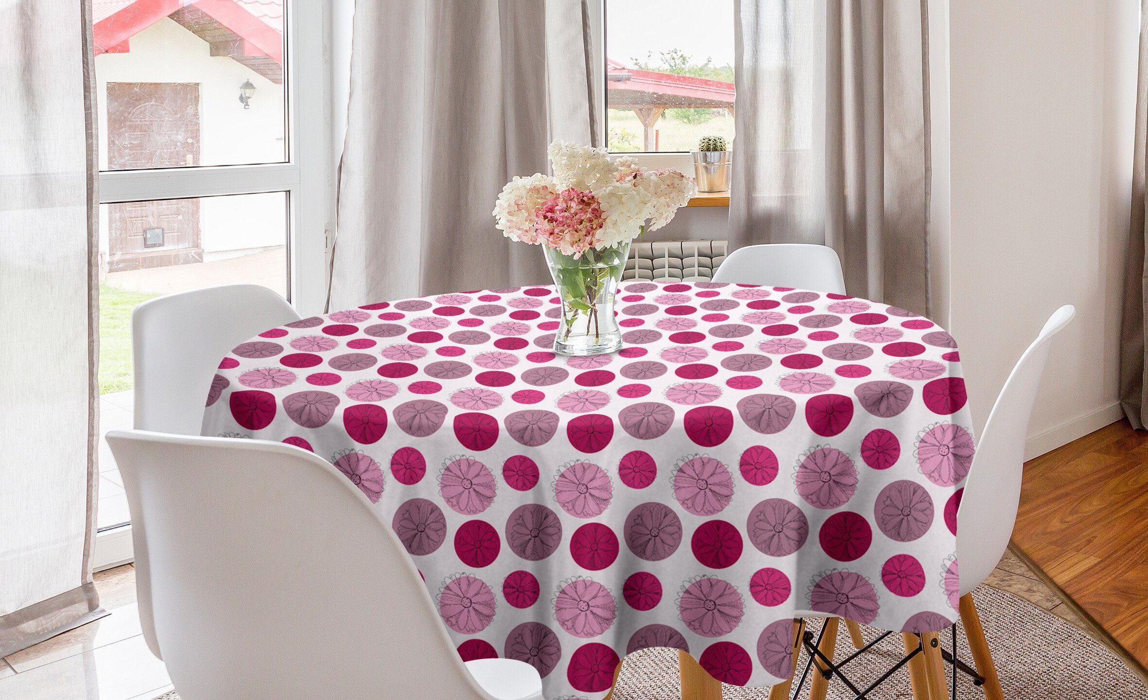 Abakuhaus Tischdecke Kreis Tischdecke Abdeckung für Esszimmer Küche Dekoration, Blumen Blumen-Skizzen über Dots