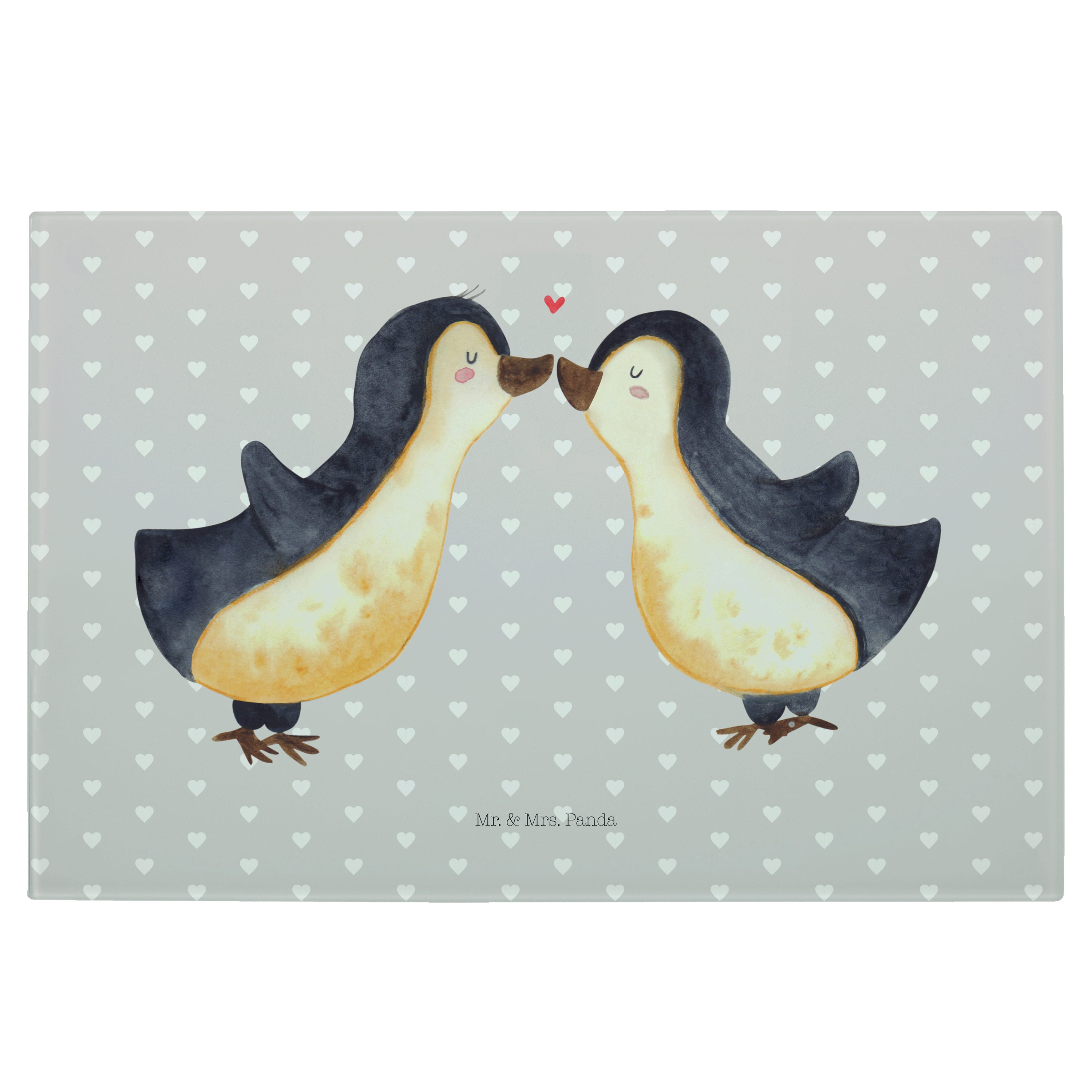 Mr. & Mrs. Panda Servierbrett Pinguin Liebe - Grau Pastell - Geschenk, Pärchen, Jahrestag, Love, Li, Premium Glas, (1-St)