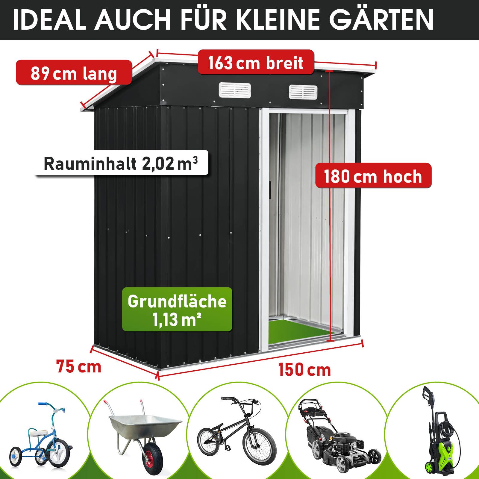 BRAST Gartenhaus Gerätehaus Geräteschuppen Metall, TÜV geprüft, viele Größen, BxT: 163x89 cm, mit Pultdach & Schiebetür, wetterfest wasserdicht – Bild 4 von 5