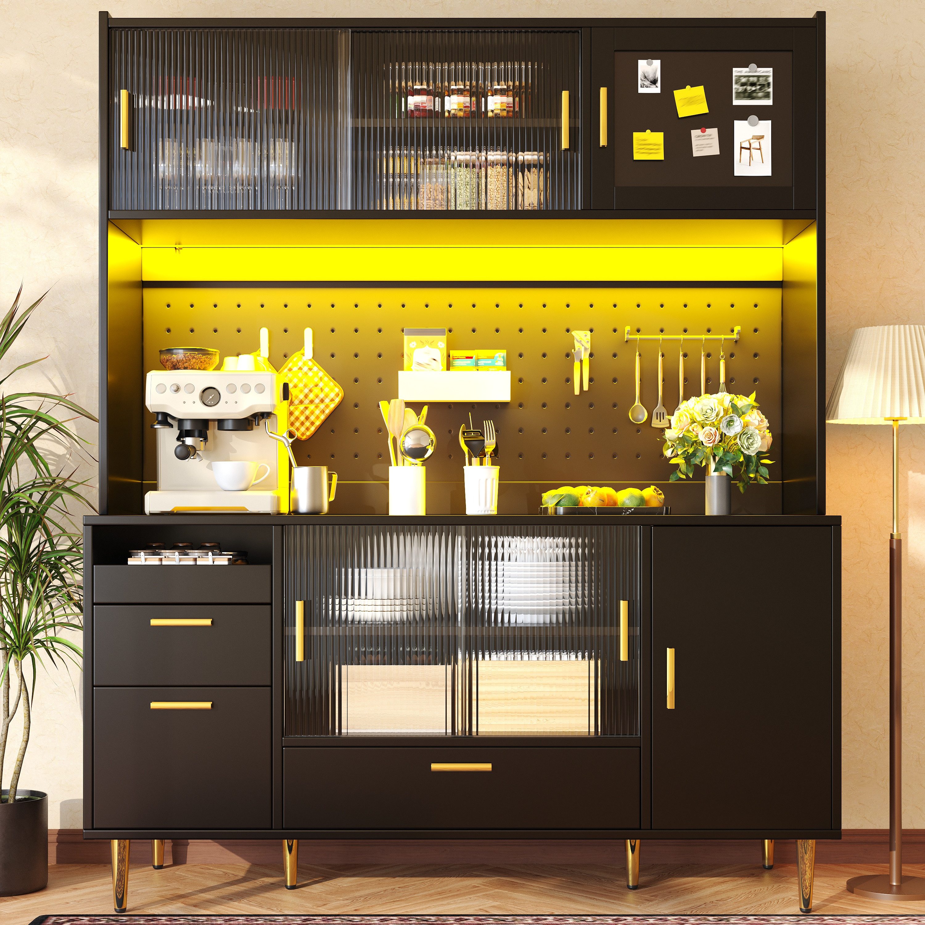 Celya Hochschrank Buffetschrank Küchenschrank mit LED-Beleuchtung und Lochwand (mit 4 Schubladen und verstellbare Einlegeböden, mit Glas-Schiebetüren und Magnettür, belastbar bis 60kg) ideal für Küche, Esszimmer oder Wohnbereich