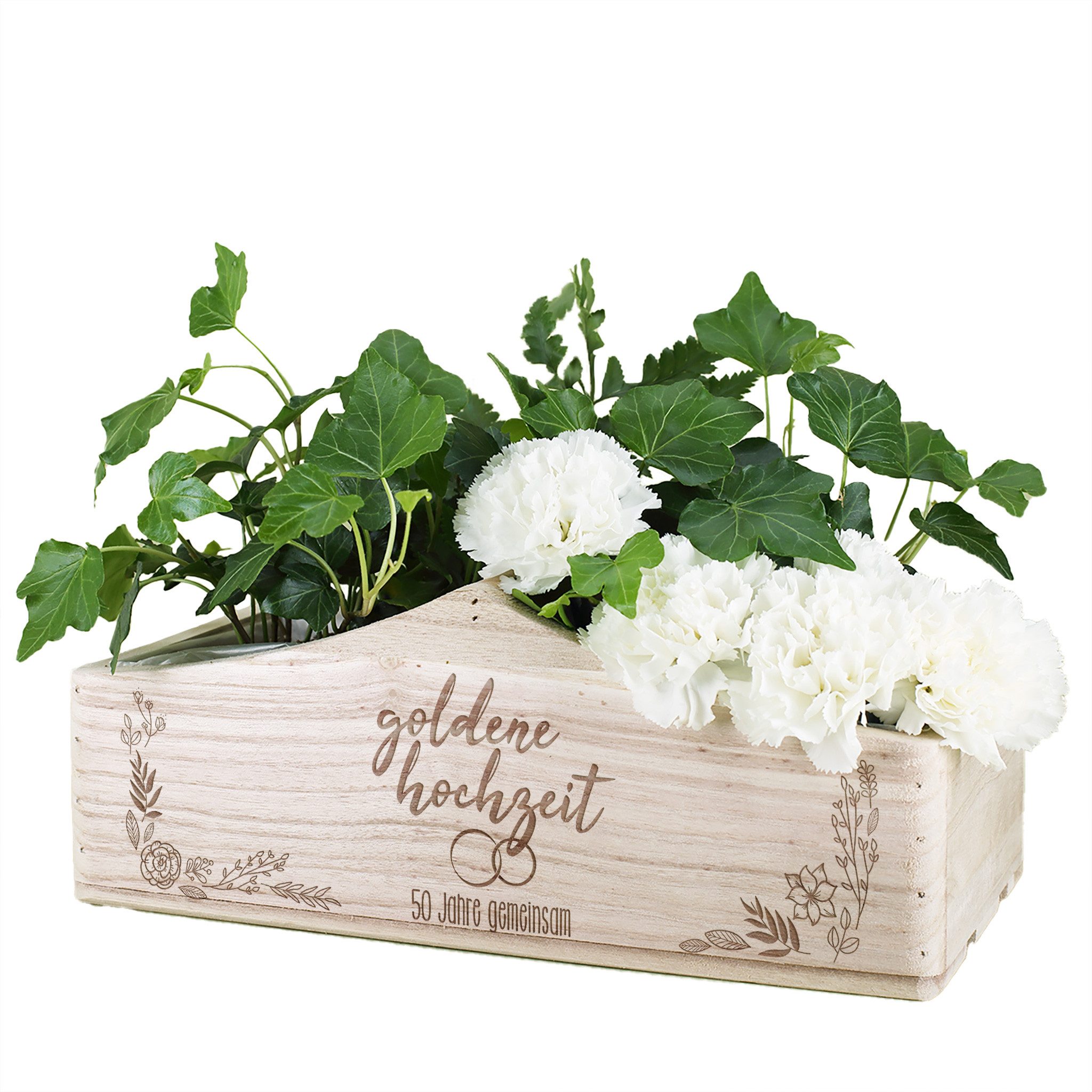 Herz & Heim Geschenkbox Pflanzkorb aus Holz mit Motiv zum Hochzeitsjubiläum, mit Holzgriff