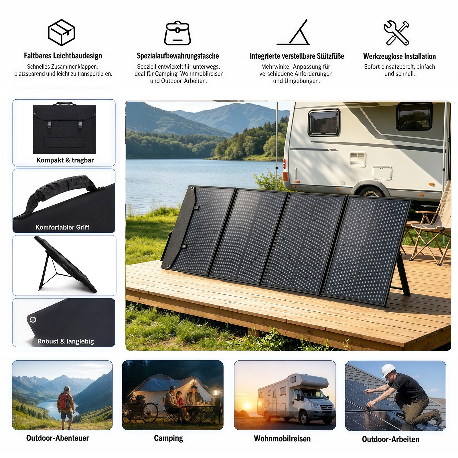GLIESE Solarmodul 200W 18V Faltbar Solarpanel Tragbare Solaranlage, Monokristallin, (Set, 4-fach Faltbares Solarpanel Solarmodul, 4-in-1 Ladekabel), Kompatibel  – Bild 4 von 5