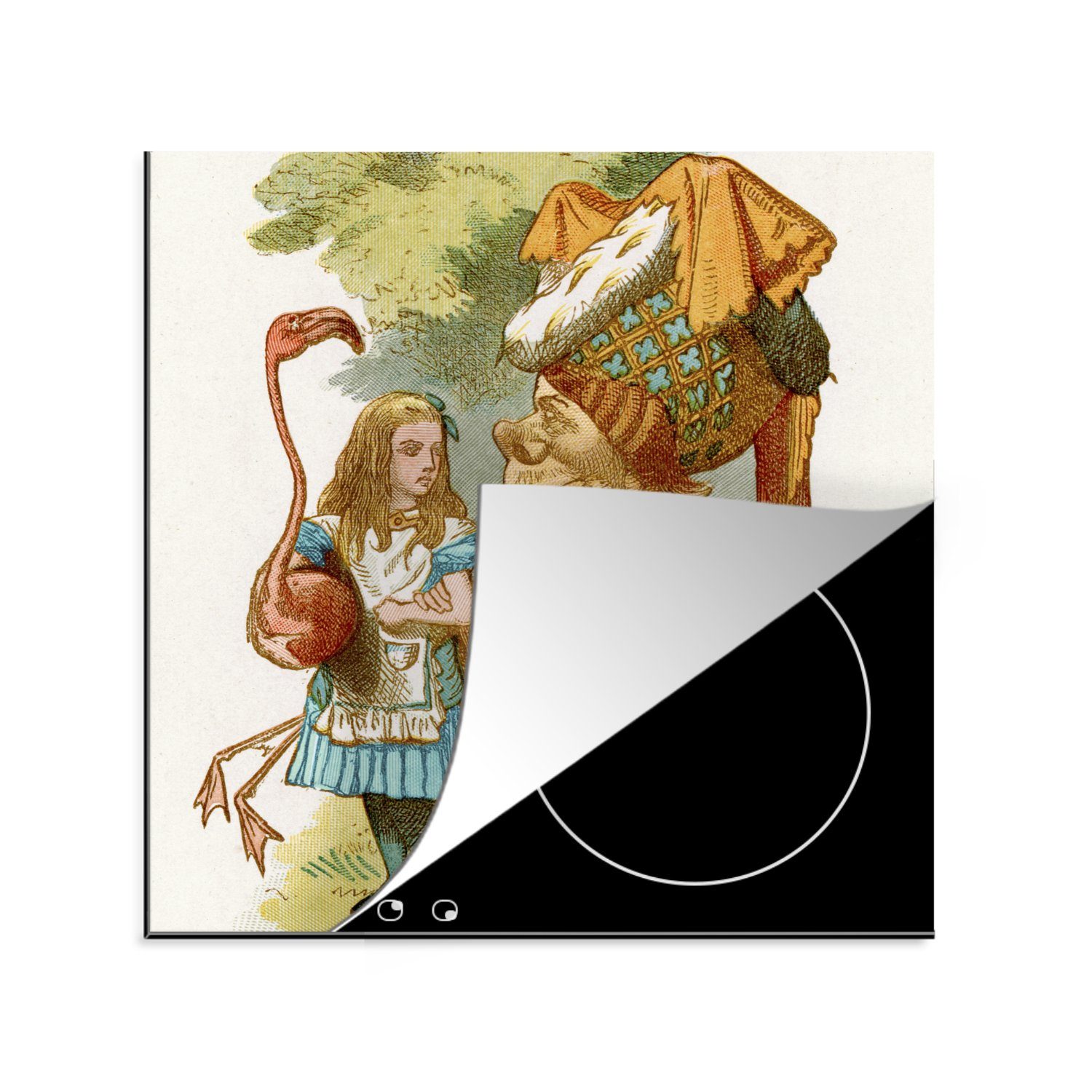 MuchoWow Herdblende-/Abdeckplatte Vintage-Illustration Alice und der Flamingo, Vinyl, (1 tlg), 78x78 cm, Ceranfeldabdeckung, Arbeitsplatte für küche