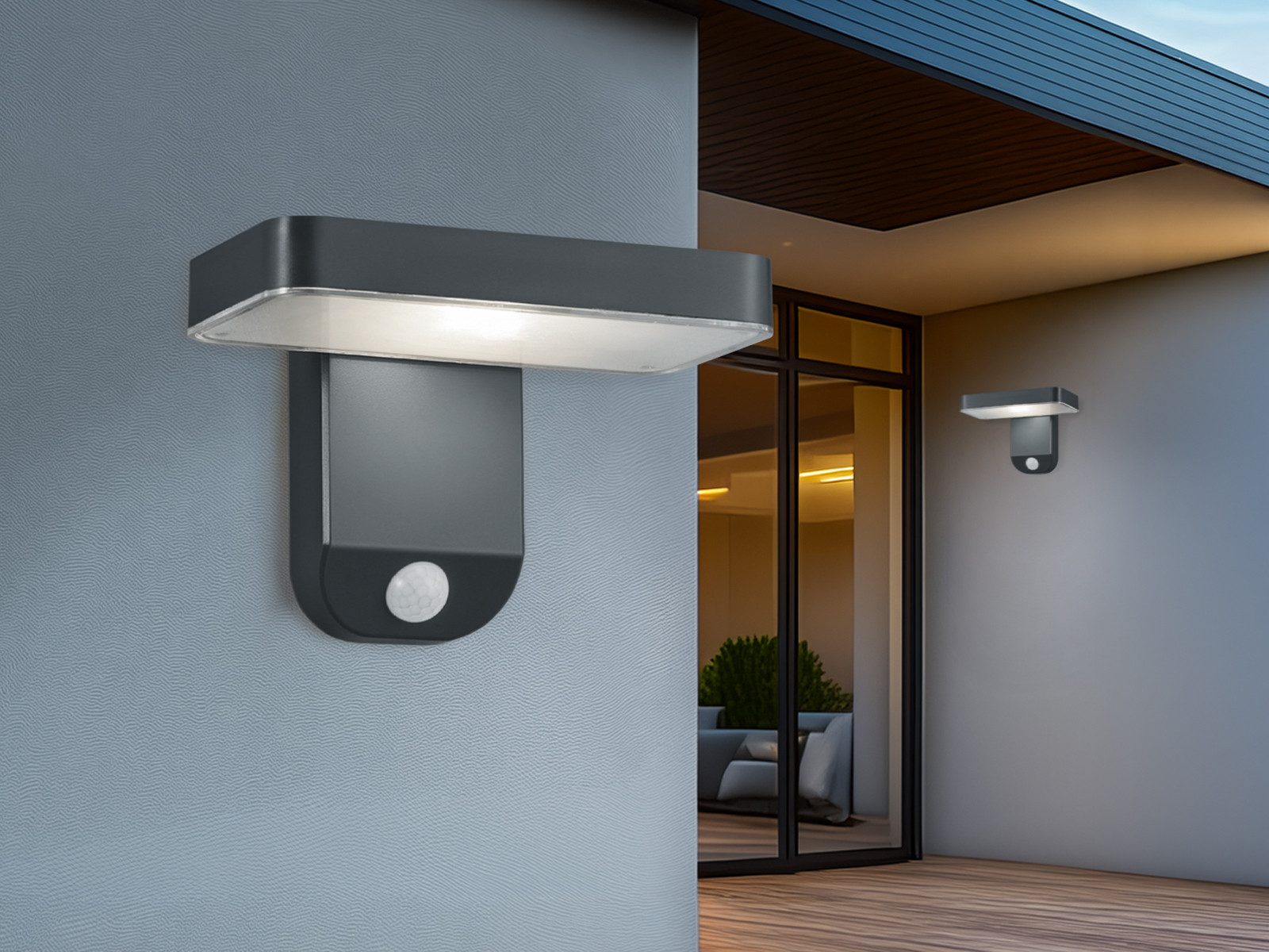 Reality Leuchten LED Solarleuchte, Bewegungsmelder, LED fest integriert, Warmweiß, 2er-Set Solarlicht Außenbeleuchtung Hauswand mit Bewegungsmelder, IP44