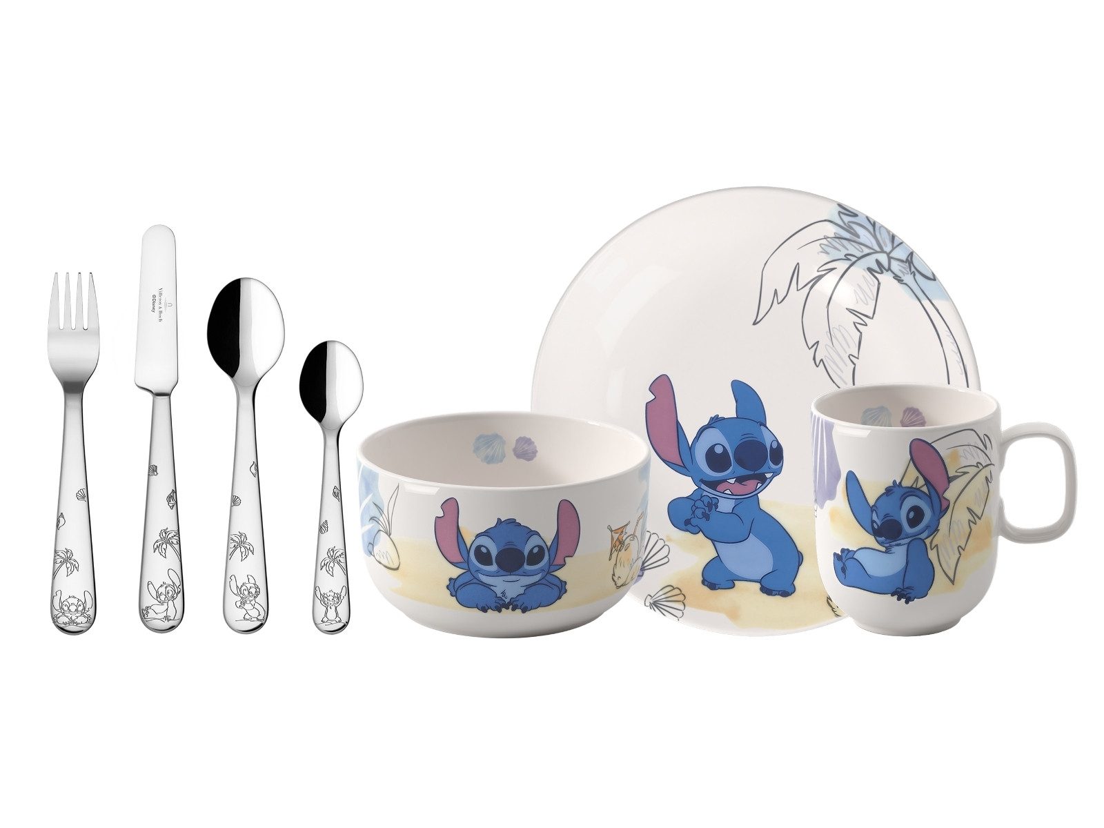 Villeroy & Boch Geschirr-Set Disney Stitch Kindergeschirr Set 7tlg, Premium Porcelain / Edelstahl