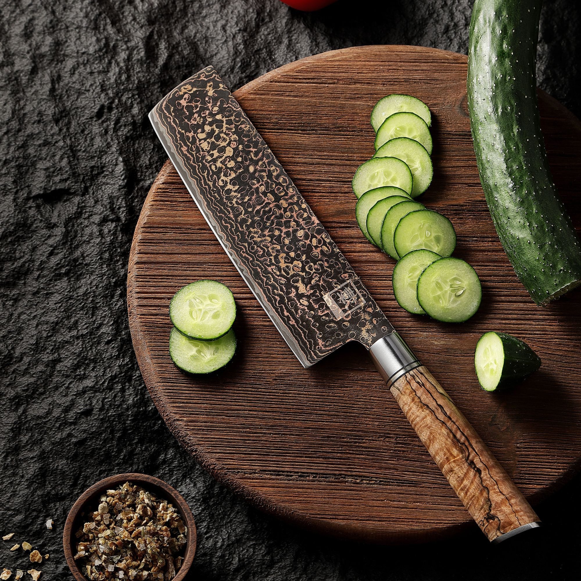 ZAYIKO Asiamesser BlackMagma Damast Nakiri Küchenmesser 18 cm Klinge Kupfer-Bronze, schwarzer Damaststahl, Kupfer-Bronze-Einlage