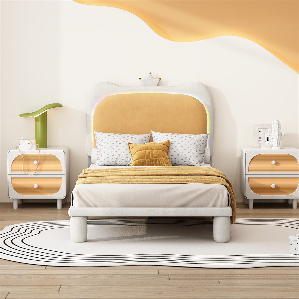 XDeer Polsterbett Einzelbett Kopfteil mit Cartoon Krone LED-Streifen 90x200cm, Kinderbett mit Holzlatten, Samt, khakifarbenes Bettkopfteil