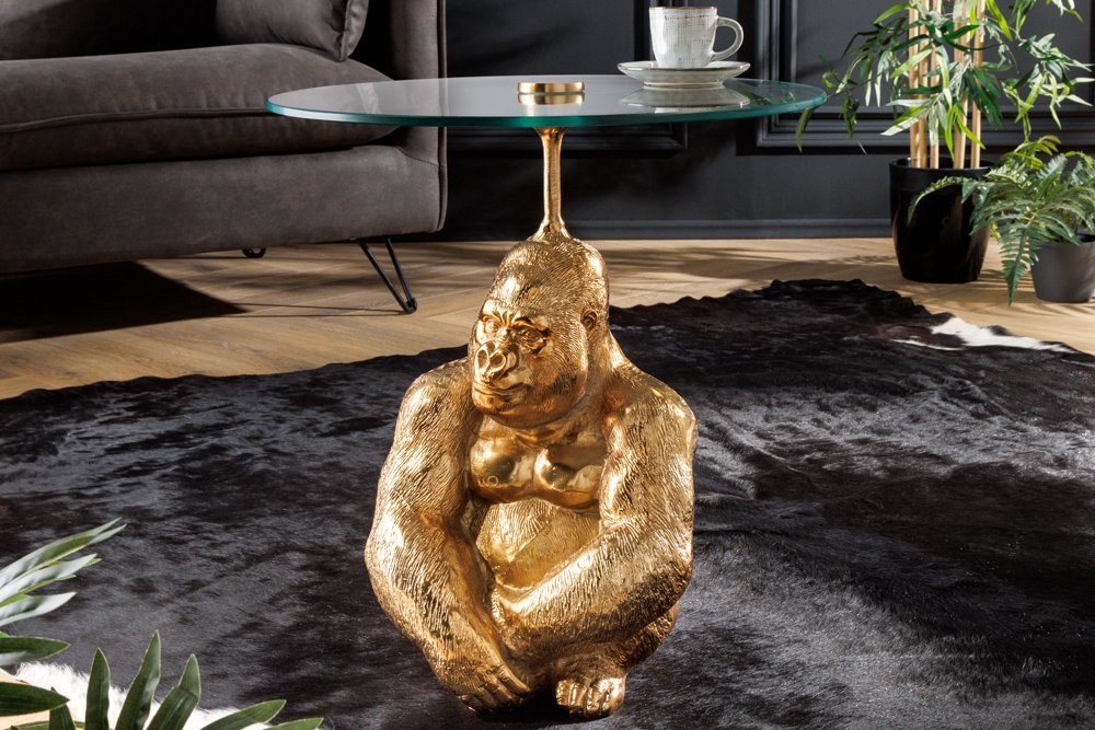 riess-ambiente Beistelltisch KONG 50cm gold / transparent (Einzelartikel, 1-St), Wohnzimmer · Metall · Glas · rund · Affenfigur · Gorilla-Skulptur