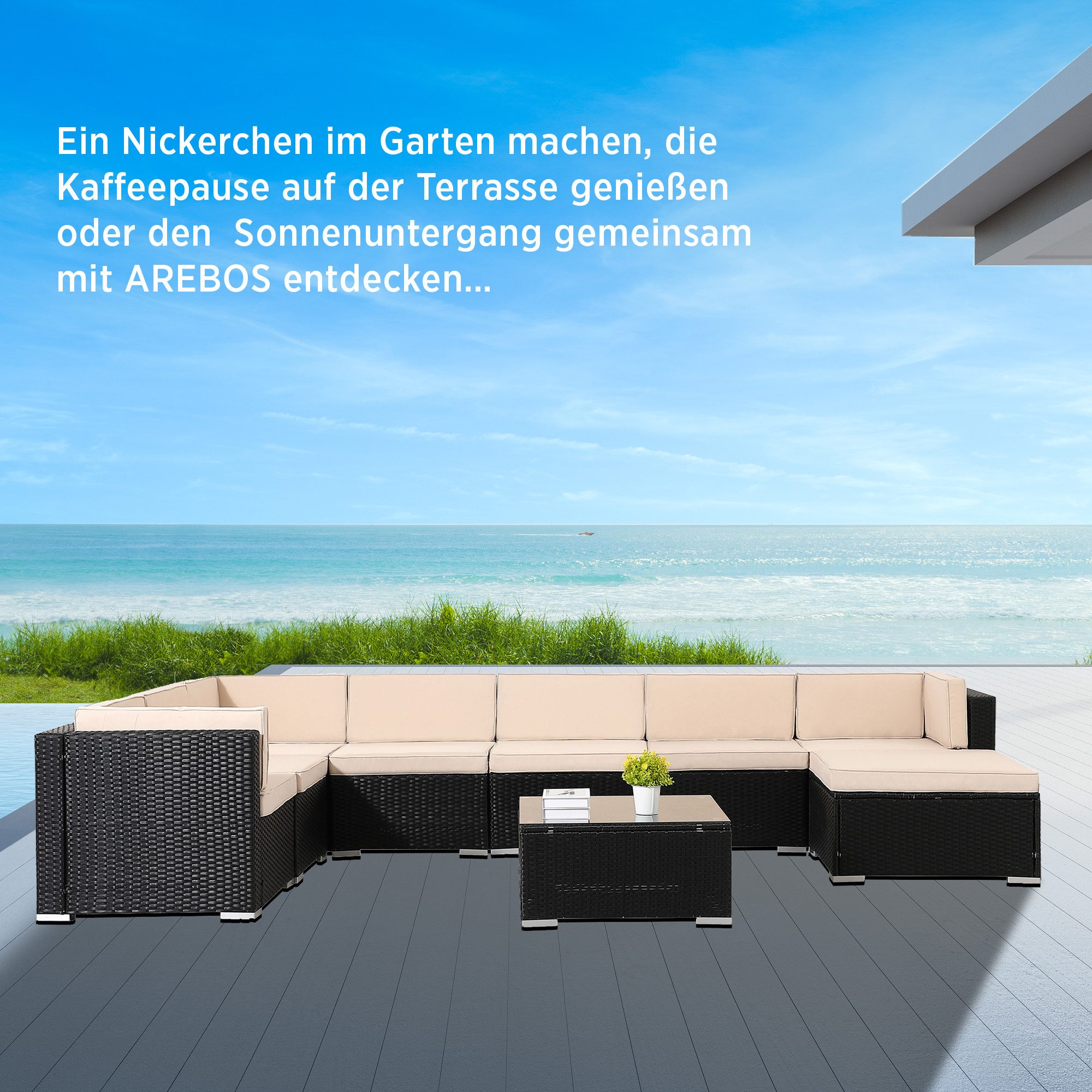 Arebos Gartenlounge-Set Polyrattan Gartenmöbel Lounge Sitzgruppe Schwarz Outdoor, (Set)