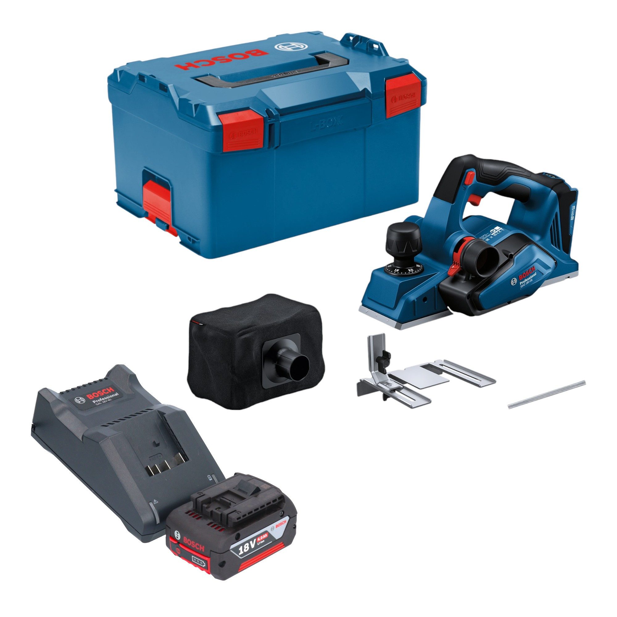 Bosch Professional Elektrohobel GHO 18V-26 Professional 18 V 2,6 mm + 1x Akku 4,0 Ah + Lader + L-Boxx