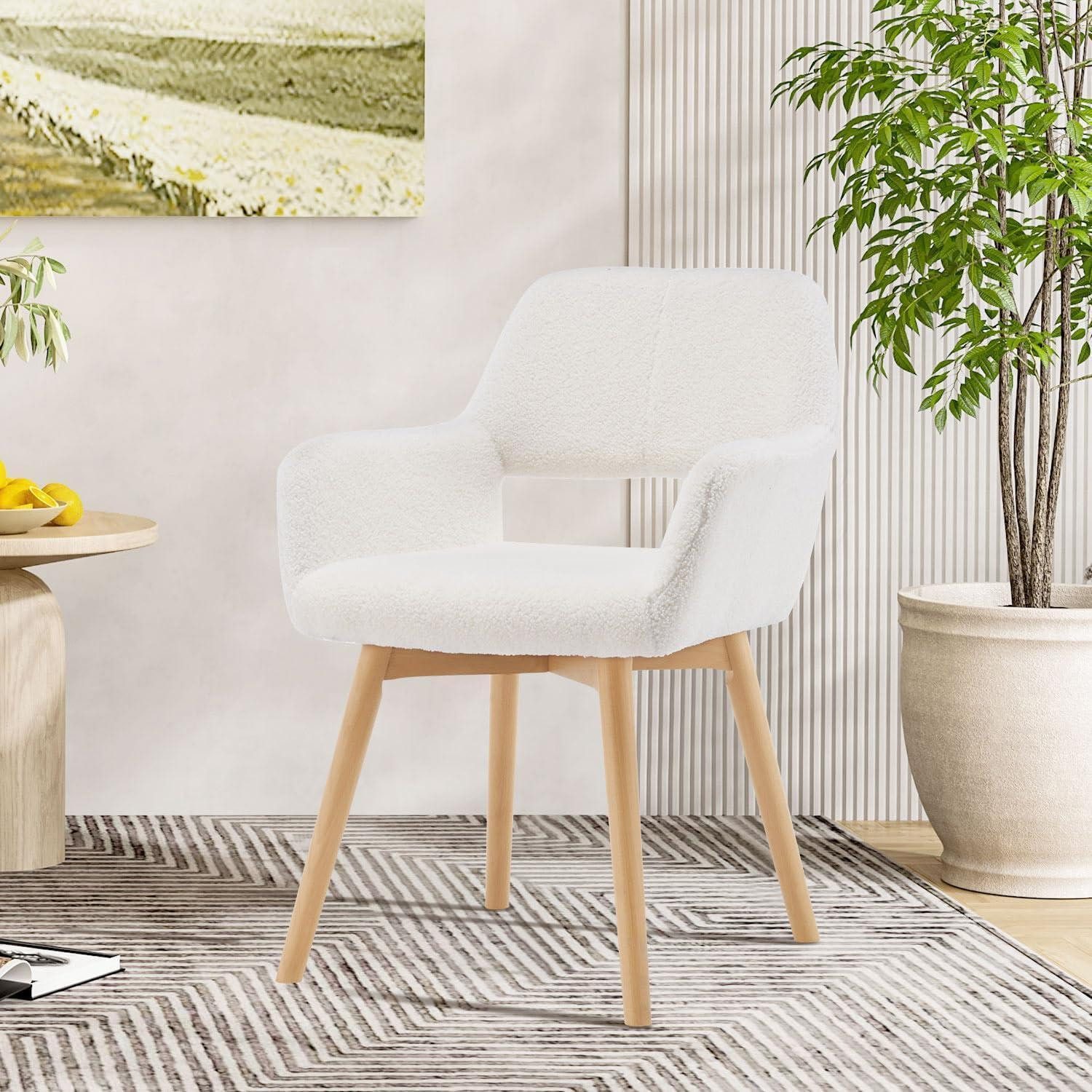 LuxusKollektion Polsterstuhl Sessel Mid Century Modern Holzbeine Akzentstuhl Wohnzimmer Woll Weiß 1