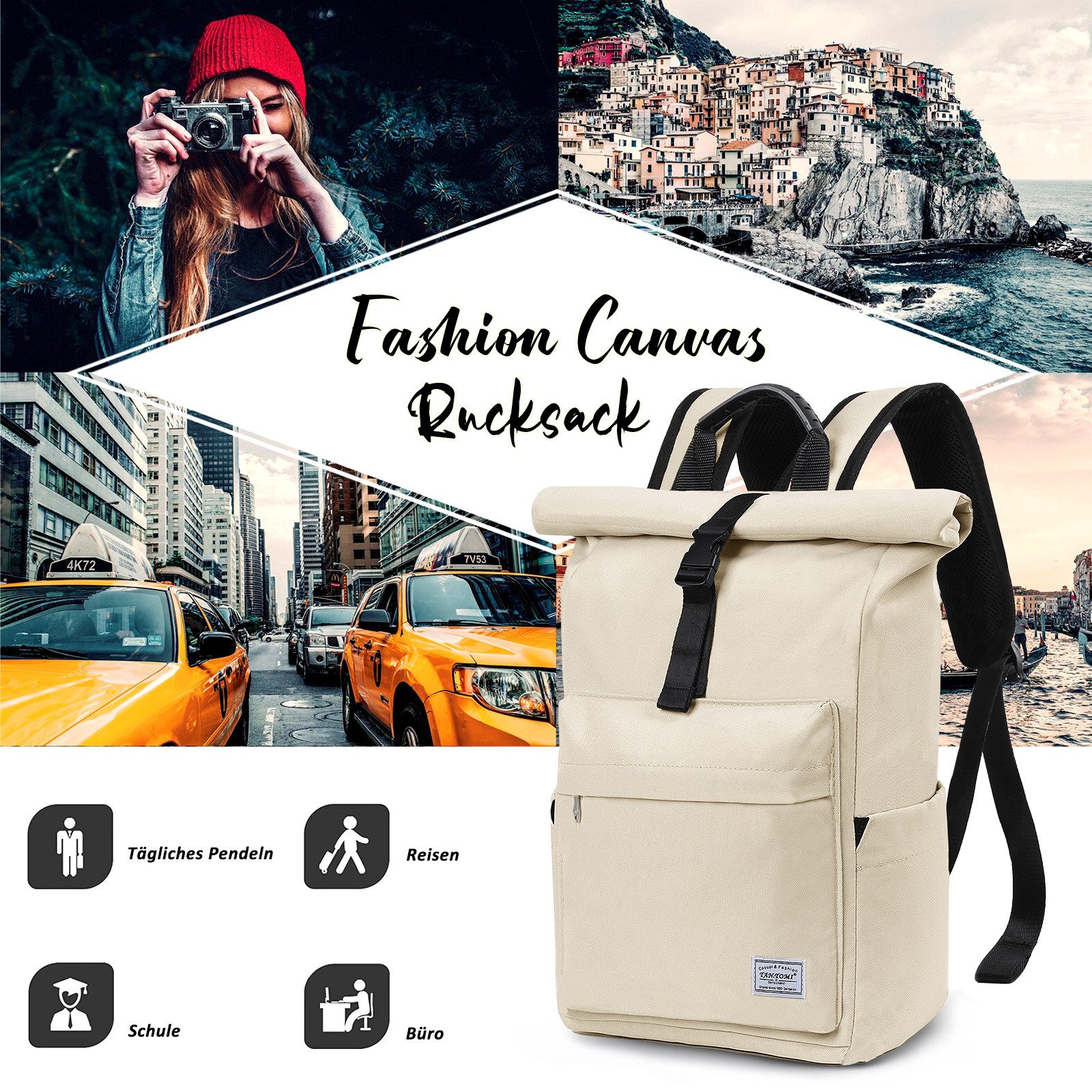 TAN.TOMI Cityrucksack Rolltop Rucksack Damen Herren, Rucksack Laptop Tasche 15,6 Zoll (Damen Herren weit öffenbar, Rolltop Rucksack wasserdicht), Backpack Daypack für Schule,Fahrradfahren,Freizeit und Reise
