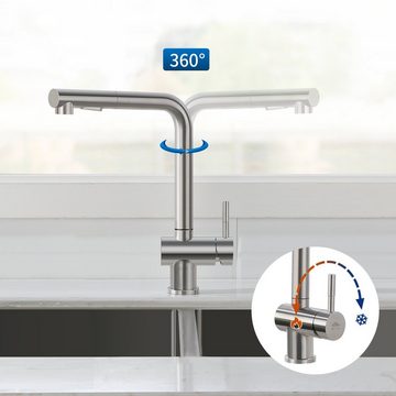 AuraLum pro Küchenarmatur Spültischarmatur Ausziehbar Niederdruck Wasserhahn mit 2 Strahlarten Einhebelmischer 360° Drehbar Edelstahl