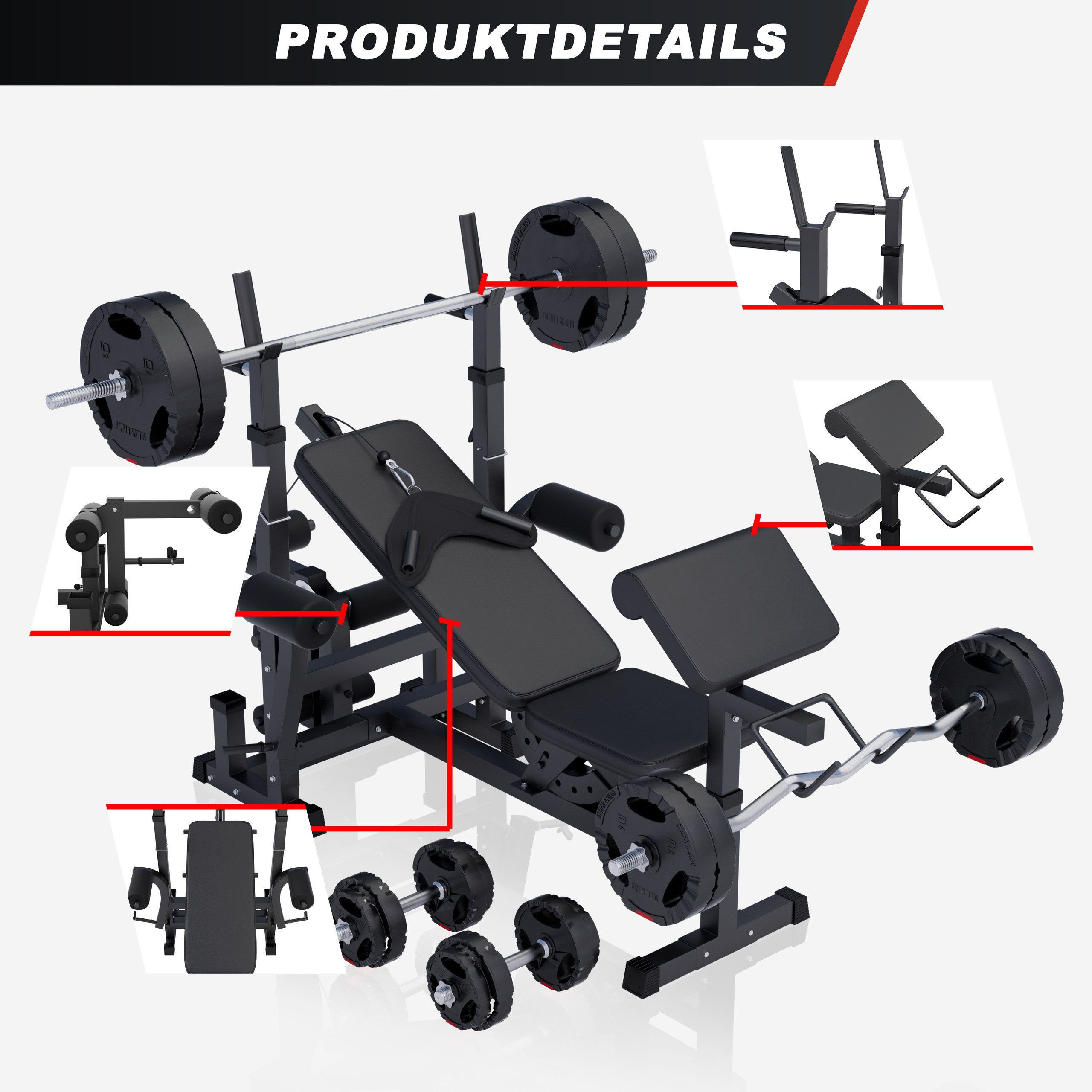 GORILLA SPORTS Hantelbank inkl. 100kg Hantelset, Ablage - Trainingsbank, Gewichten, Kraftstation