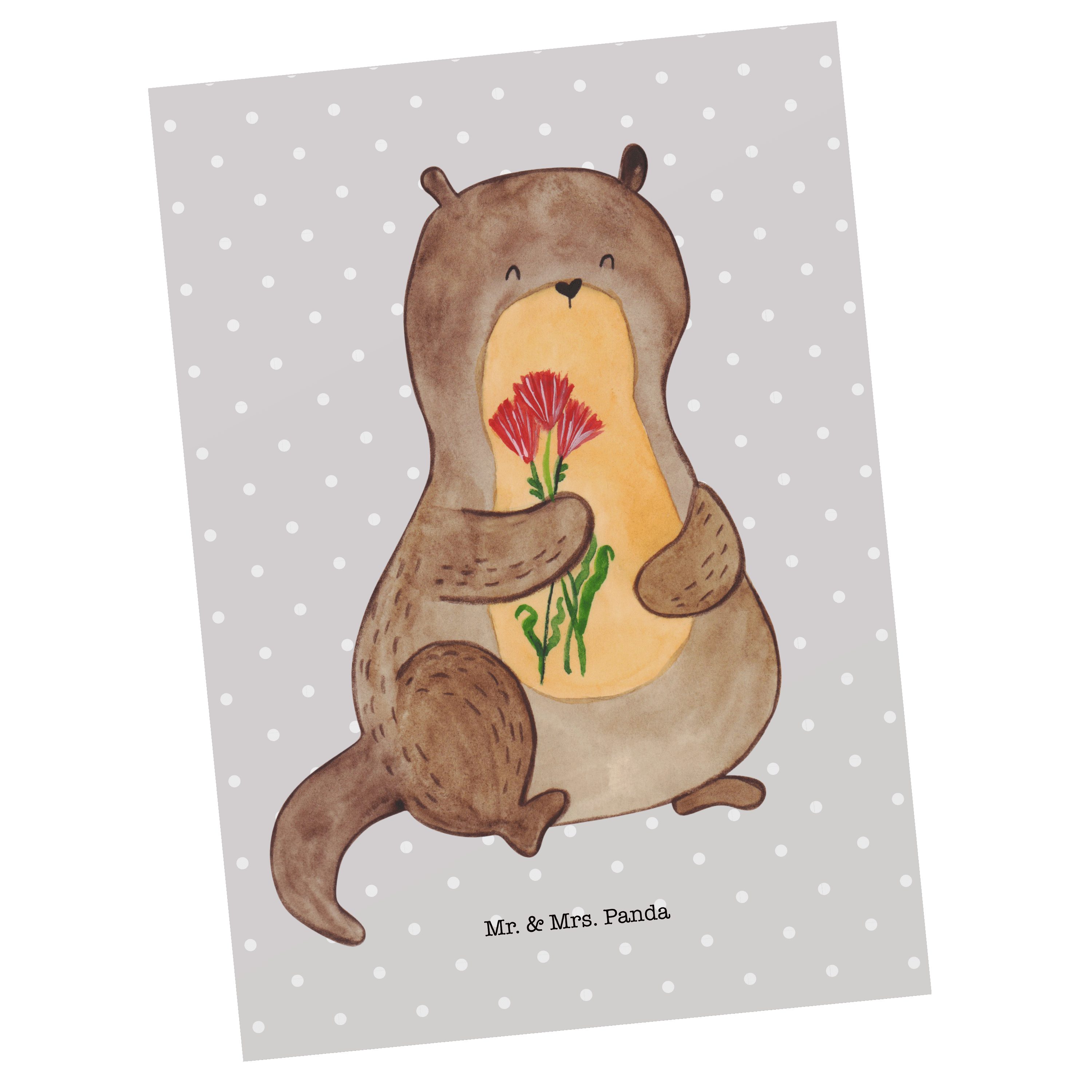 Mr. & Mrs. Panda Postkarte Otter Blumenstrauß - Grau Pastell - Geschenk, Dankeskarte, Otter Seeo