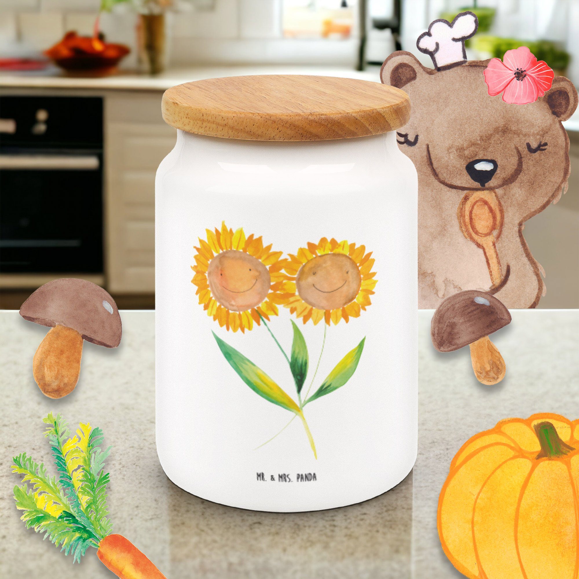 Keramik, Vorratsdose Blumen, Mrs. - - Panda Freundin, Sonnenblume & Geschenk, frien, Mr. Keksdose, Weiß Best (1-tlg)
