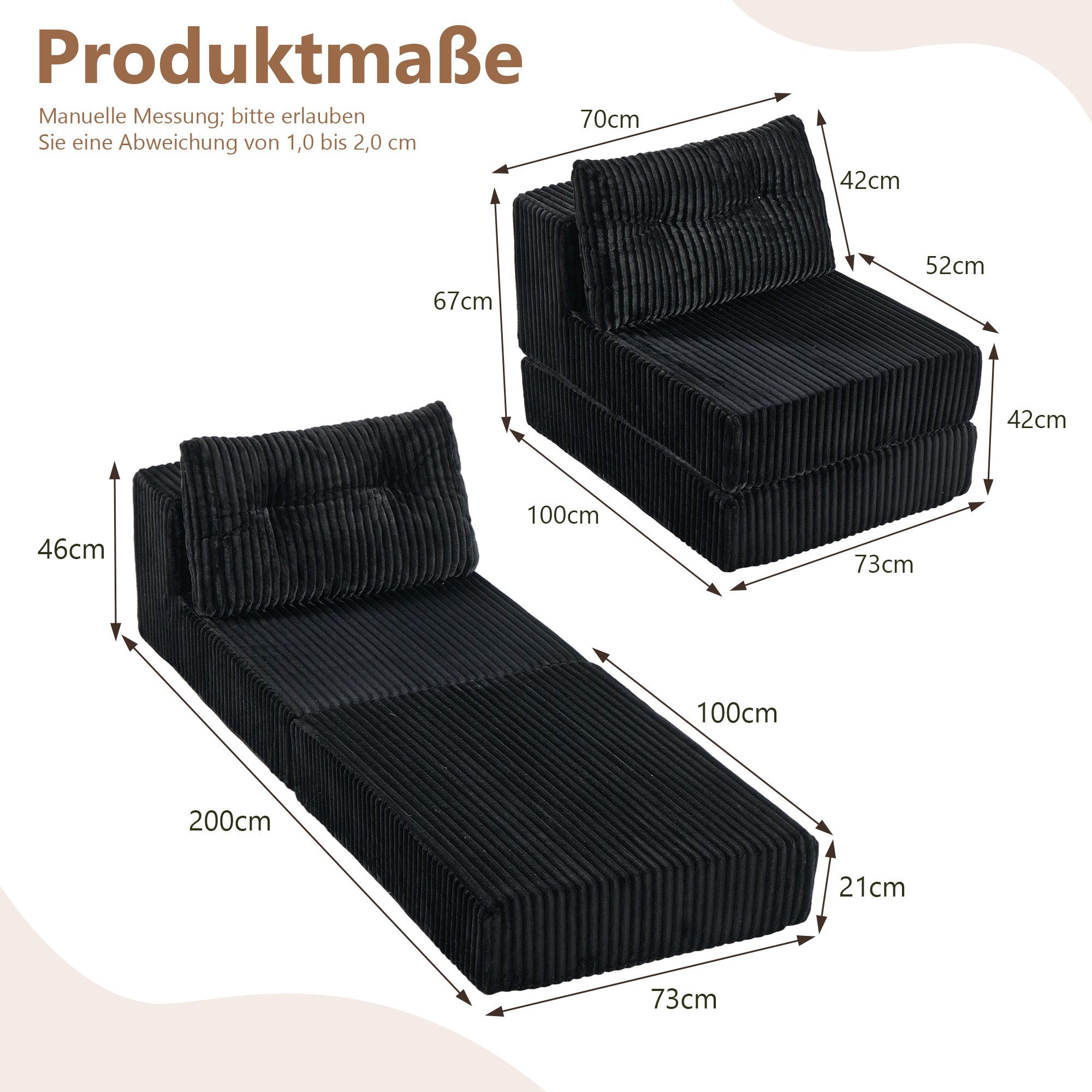 GRAVFORCE Schlafsofa mit Kissen – 3-in-1 Sessel, Rückenstütze, klappbare Matratze, Beige, 1 Teile, 3-in-1-Transformationsdesign