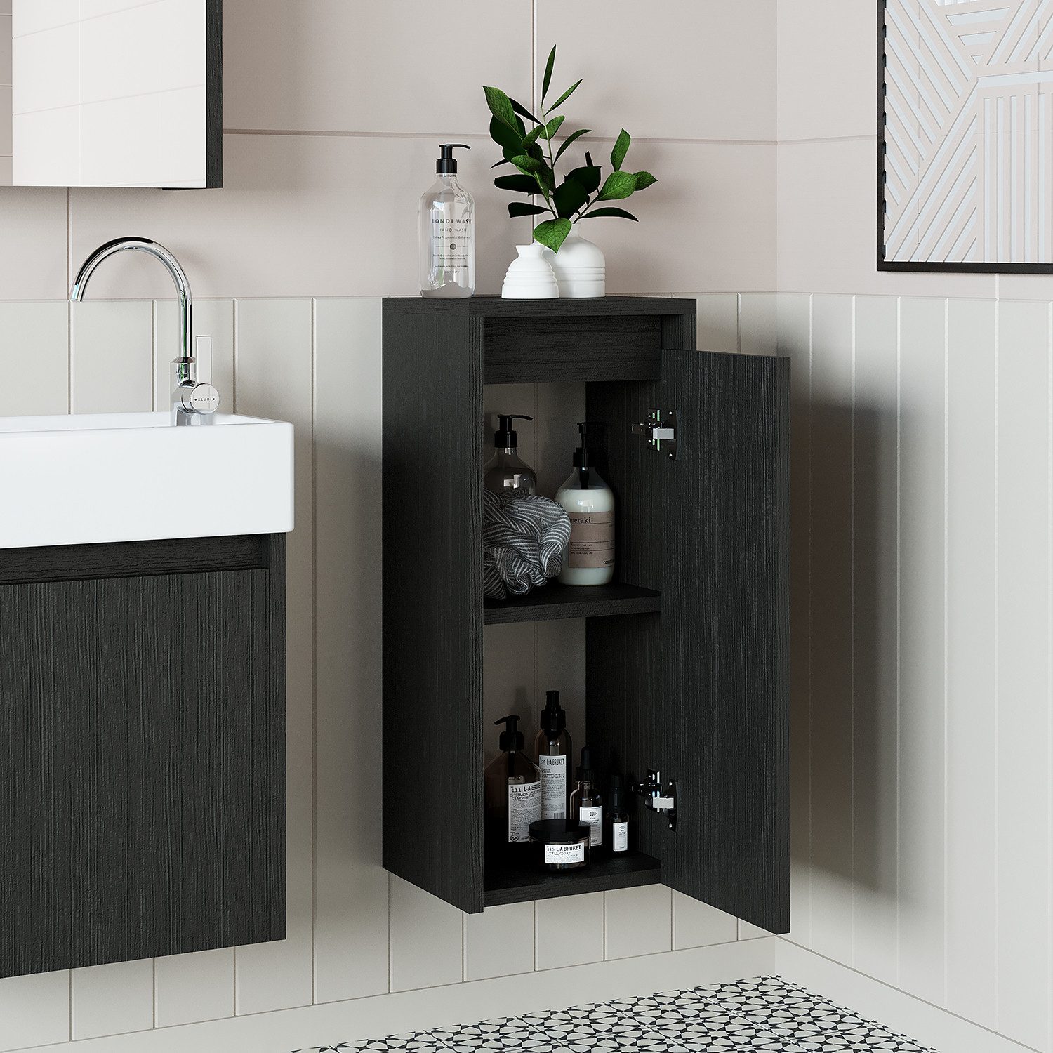 Roomart Badmöbel-Set MINI 50 hängend, 25 cm tief, Soft-Close, Keramikbecken in 5 Farben, (Komplett-Set für Badezimmer, Gäste WC, Unterschrank mit Waschbecken, Seitenschrank, Spiegelschrank), Soft-Close, Wandmontage, Keramikbecken inkl., 5 Farben, 25 cm tief