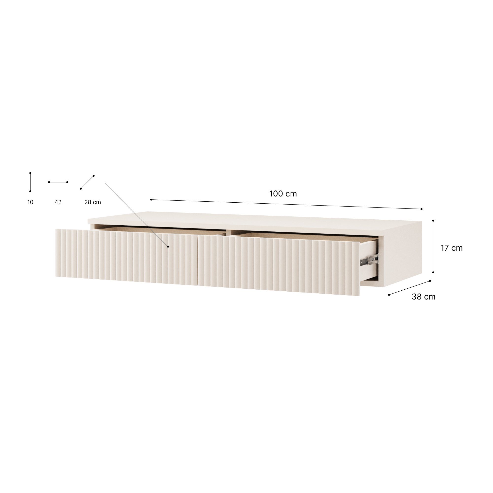 Beautysofa Schminktisch Soft Hängend, Rillenfronten & Push-to-Open-System (mit zwei Schubladen, In der trendigen Farbe Kaschmir), Breite: 100 cm