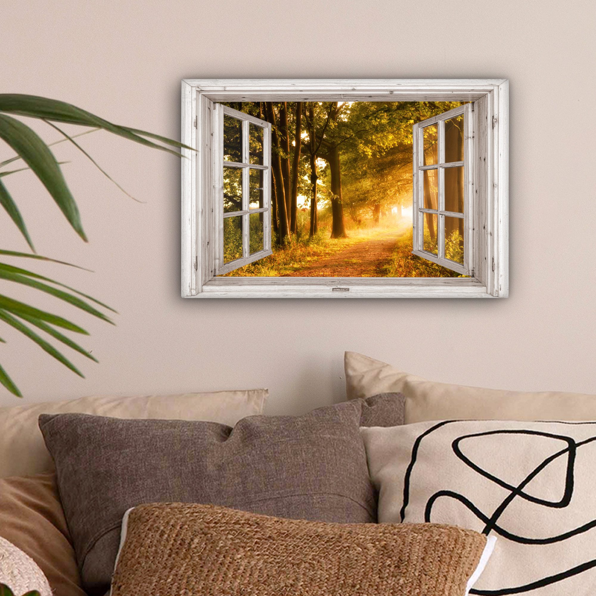 OneMillionCanvasses® Leinwandbild Wald - Bäume - Sonnenlicht - Herbst - Weg günstig online kaufen